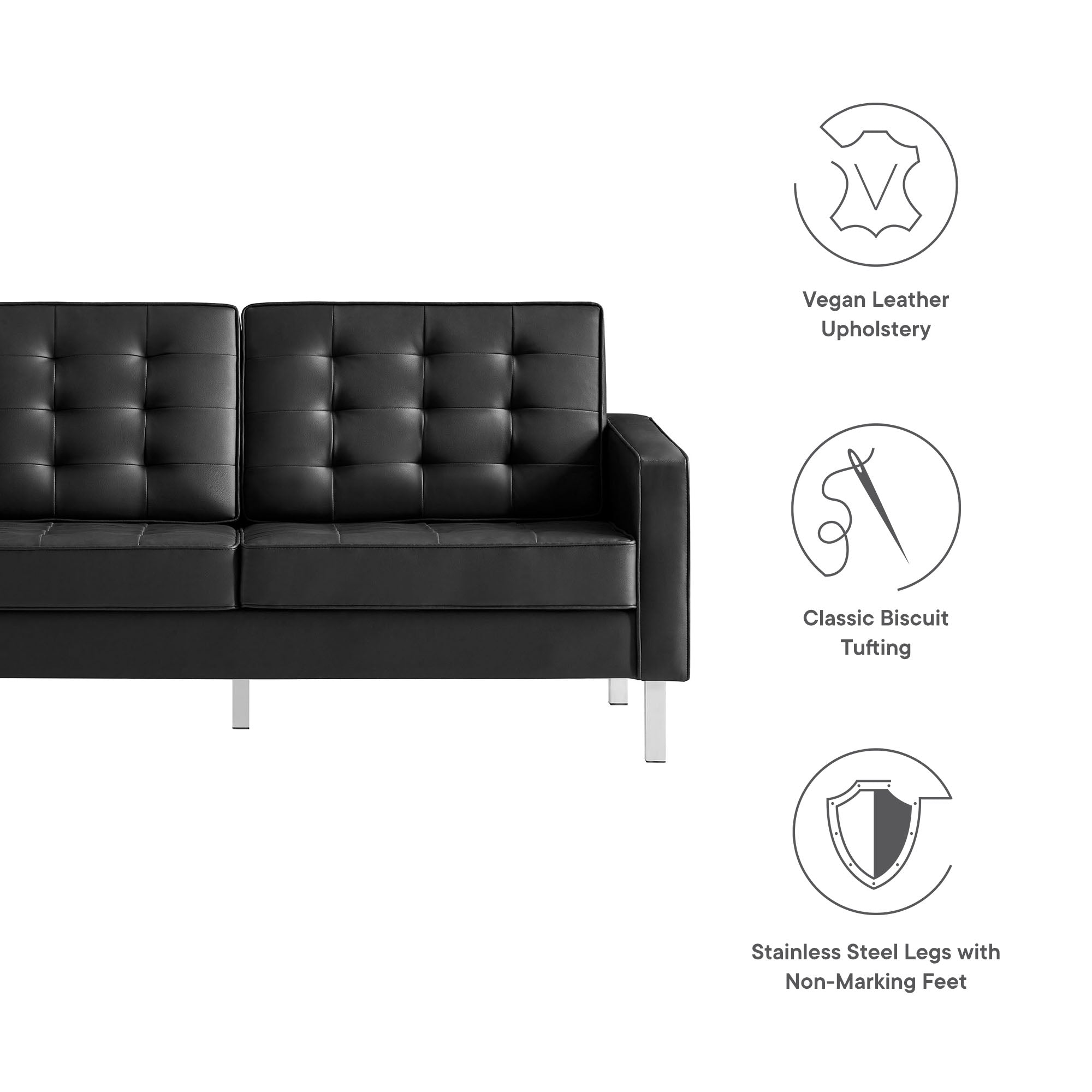 Loft Tufted Vegan Leather Loveseat, Silver Black