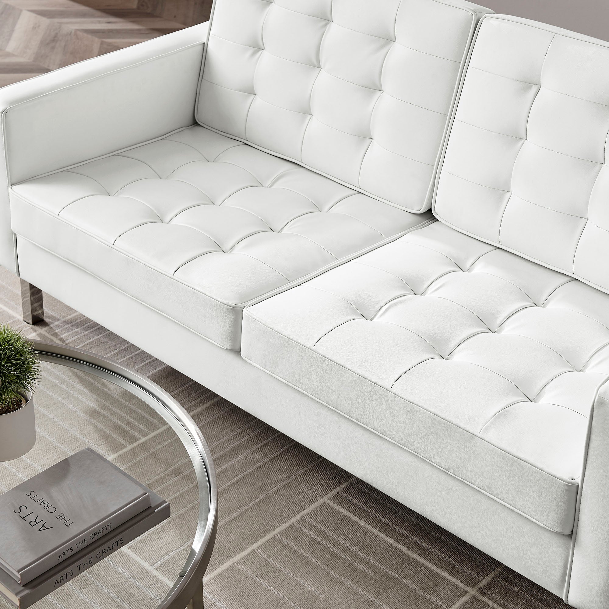 Loft Tufted Vegan Leather Loveseat, Silver White