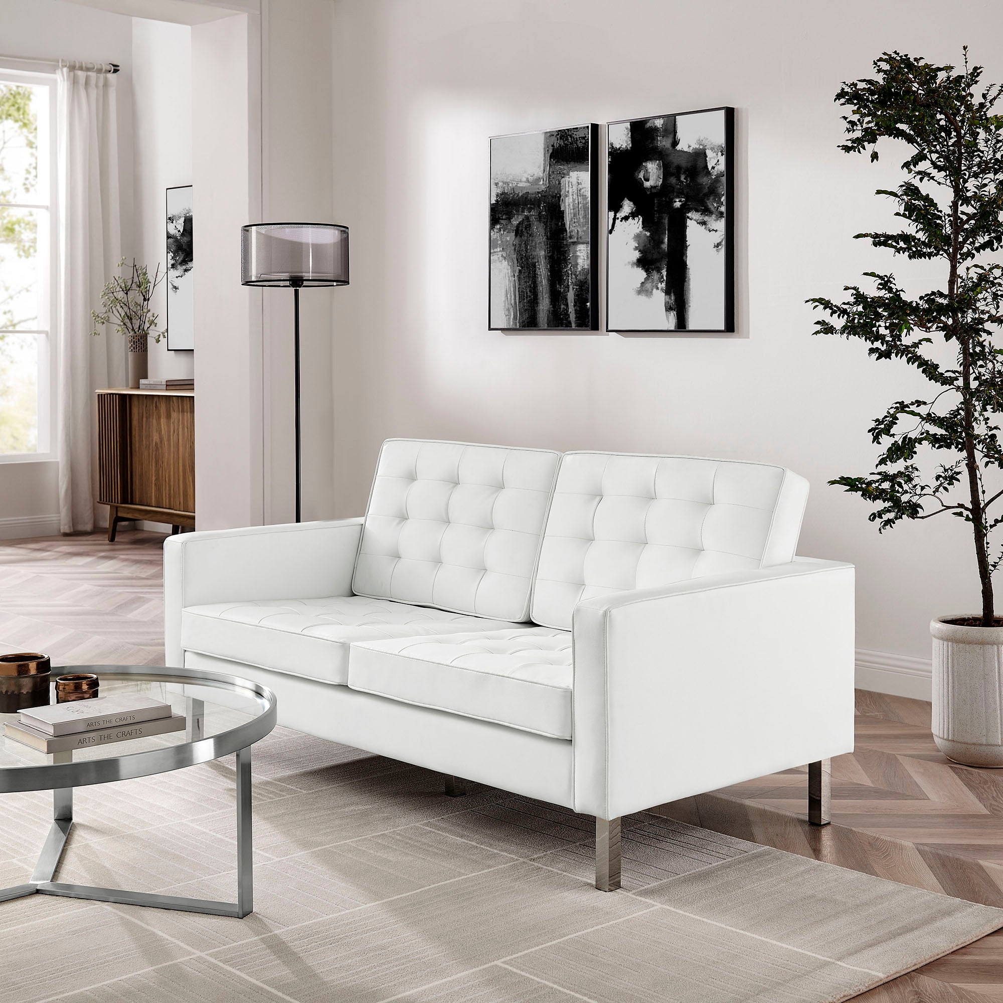 Loft Tufted Vegan Leather Loveseat, Silver White