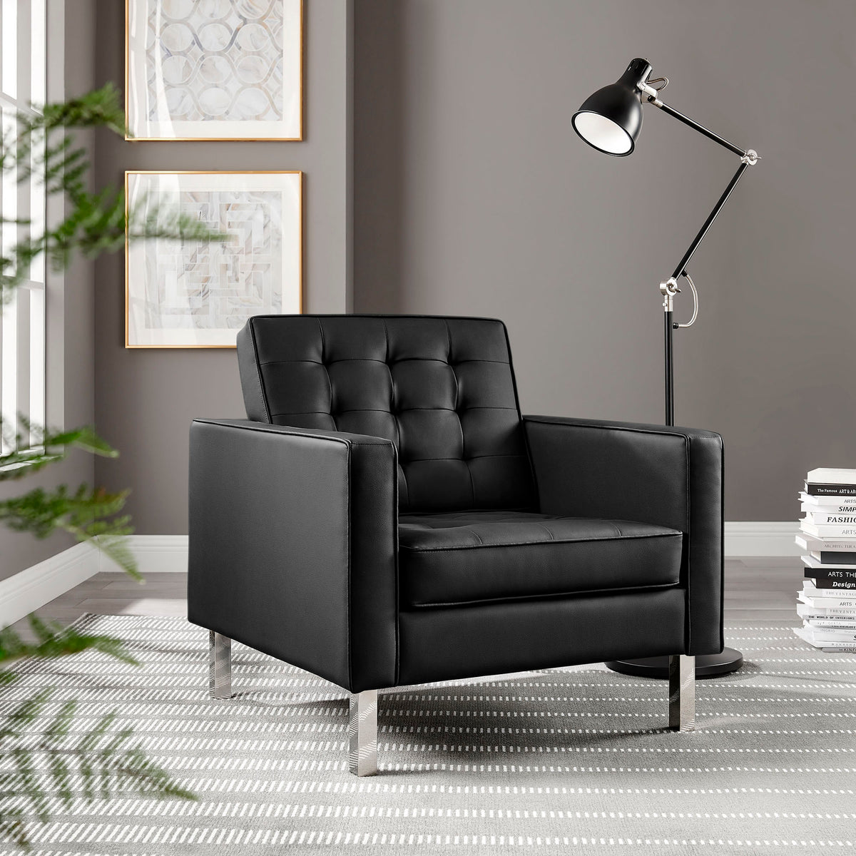 Loft Tufted Vegan Leather Armchair, Silver Black
