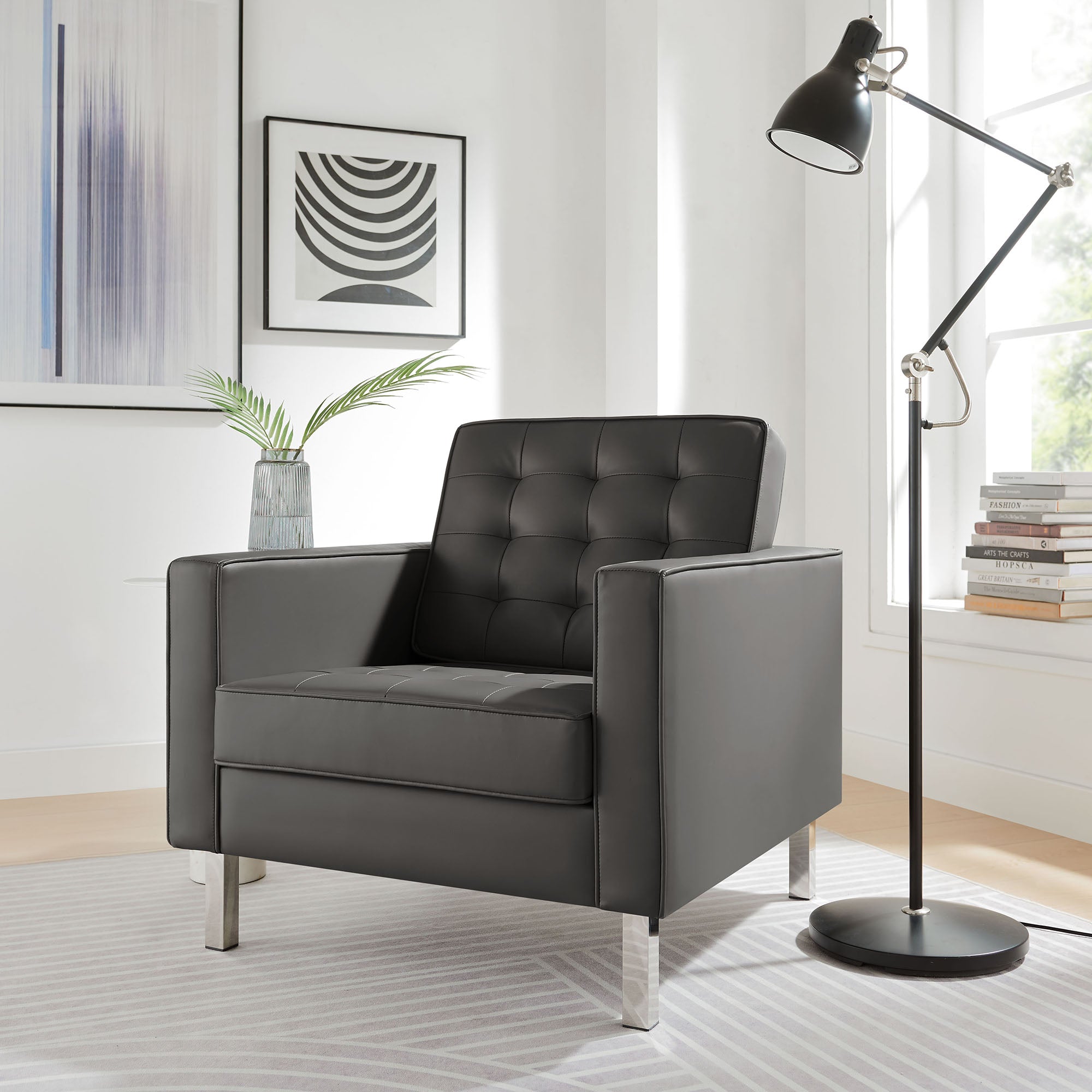Loft Tufted Vegan Leather Armchair, Silver Gray