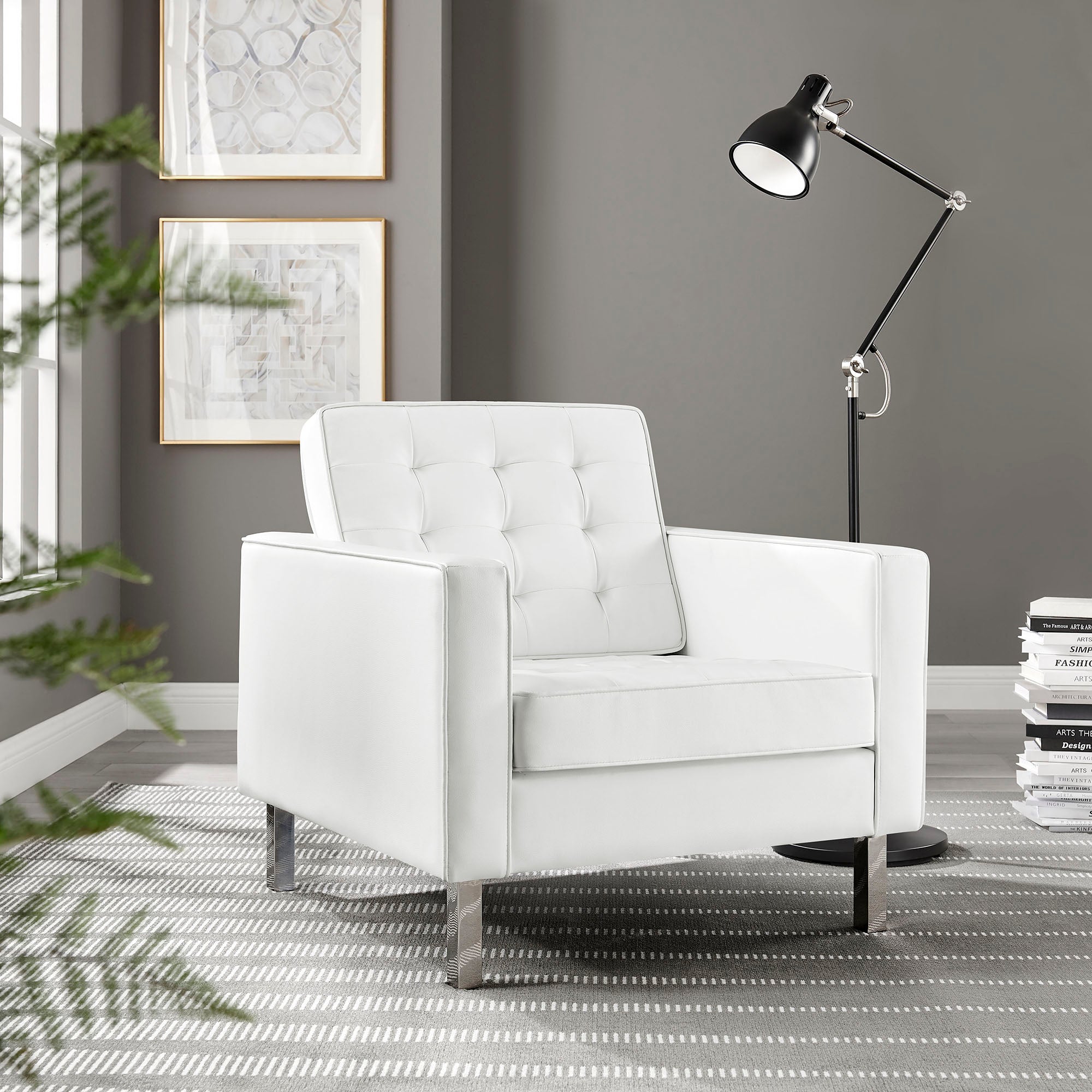 Loft Tufted Vegan Leather Armchair, Silver White
