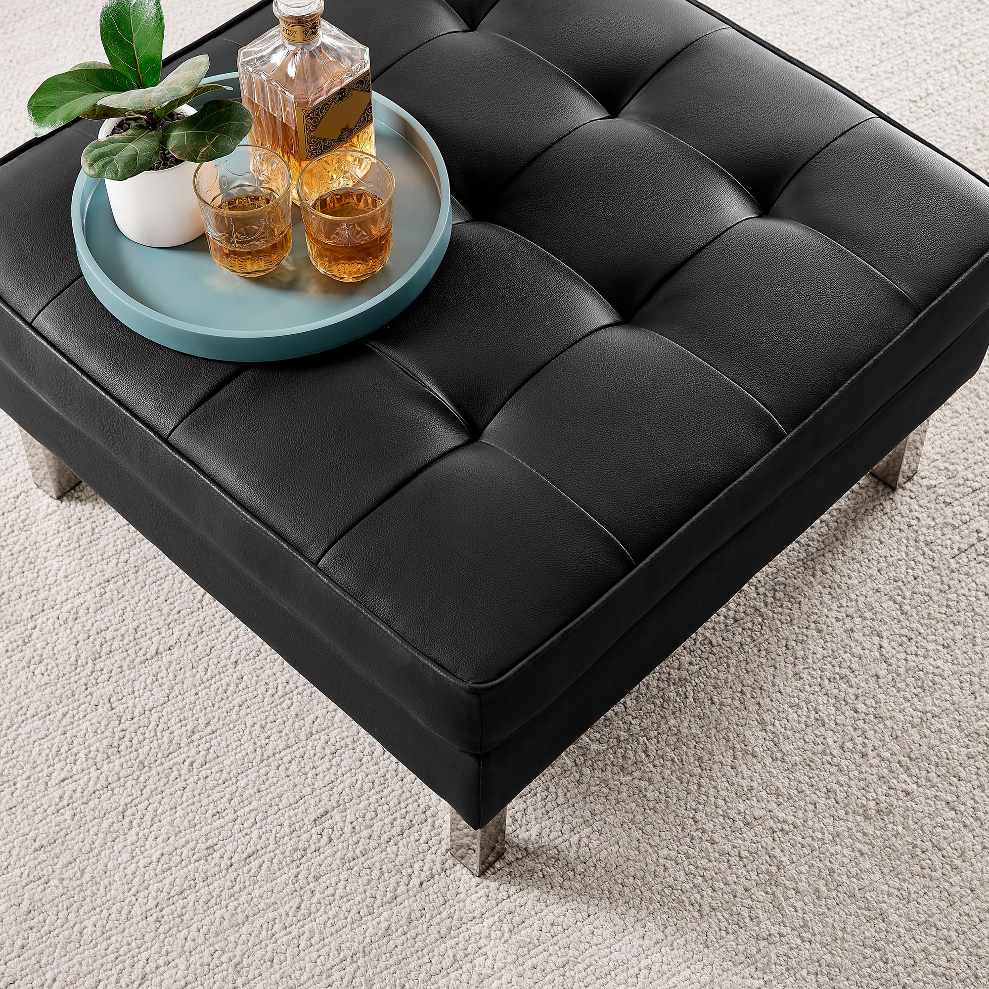 Loft Tufted Vegan Leather Ottoman, Silver Black