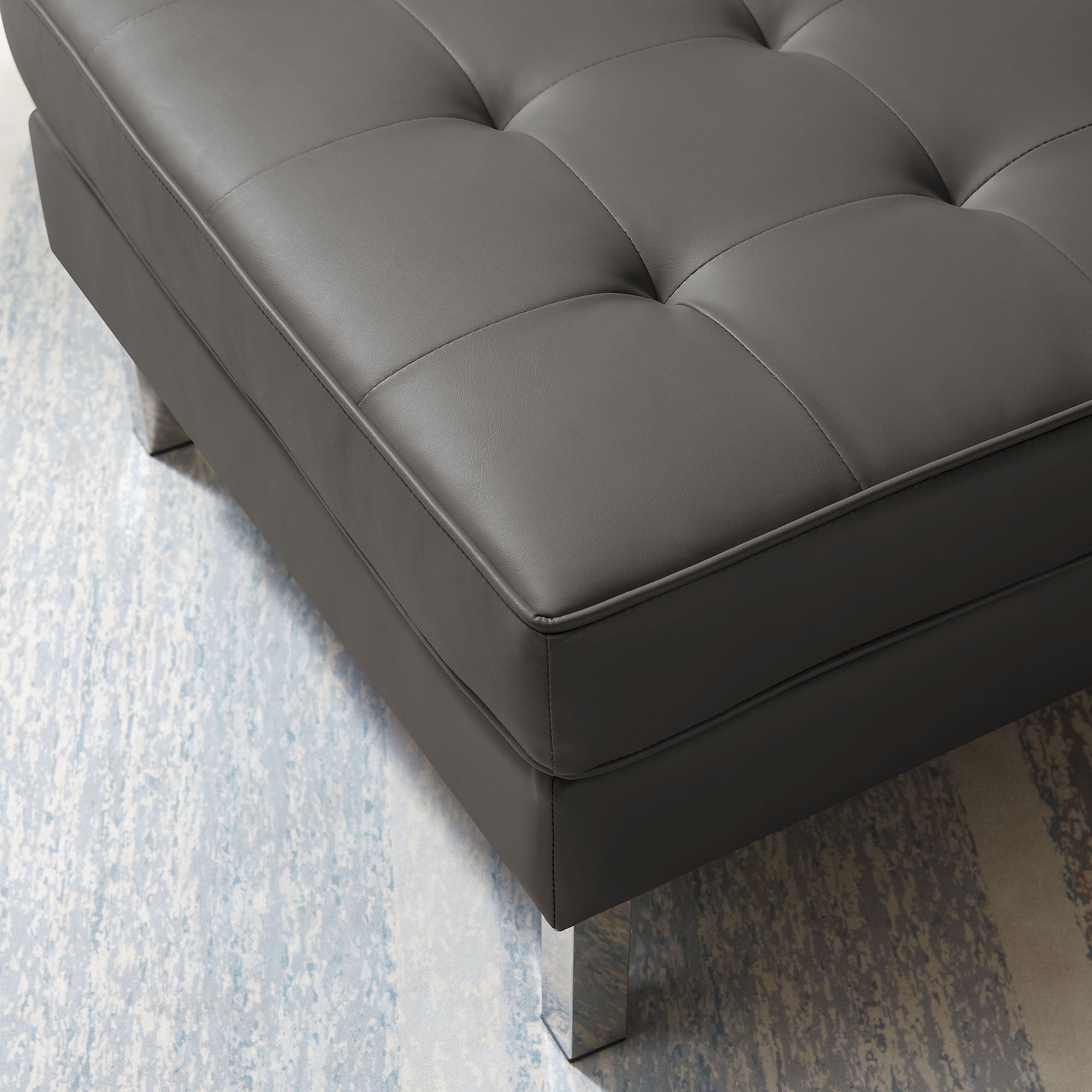 Loft Tufted Vegan Leather Ottoman, Silver Gray