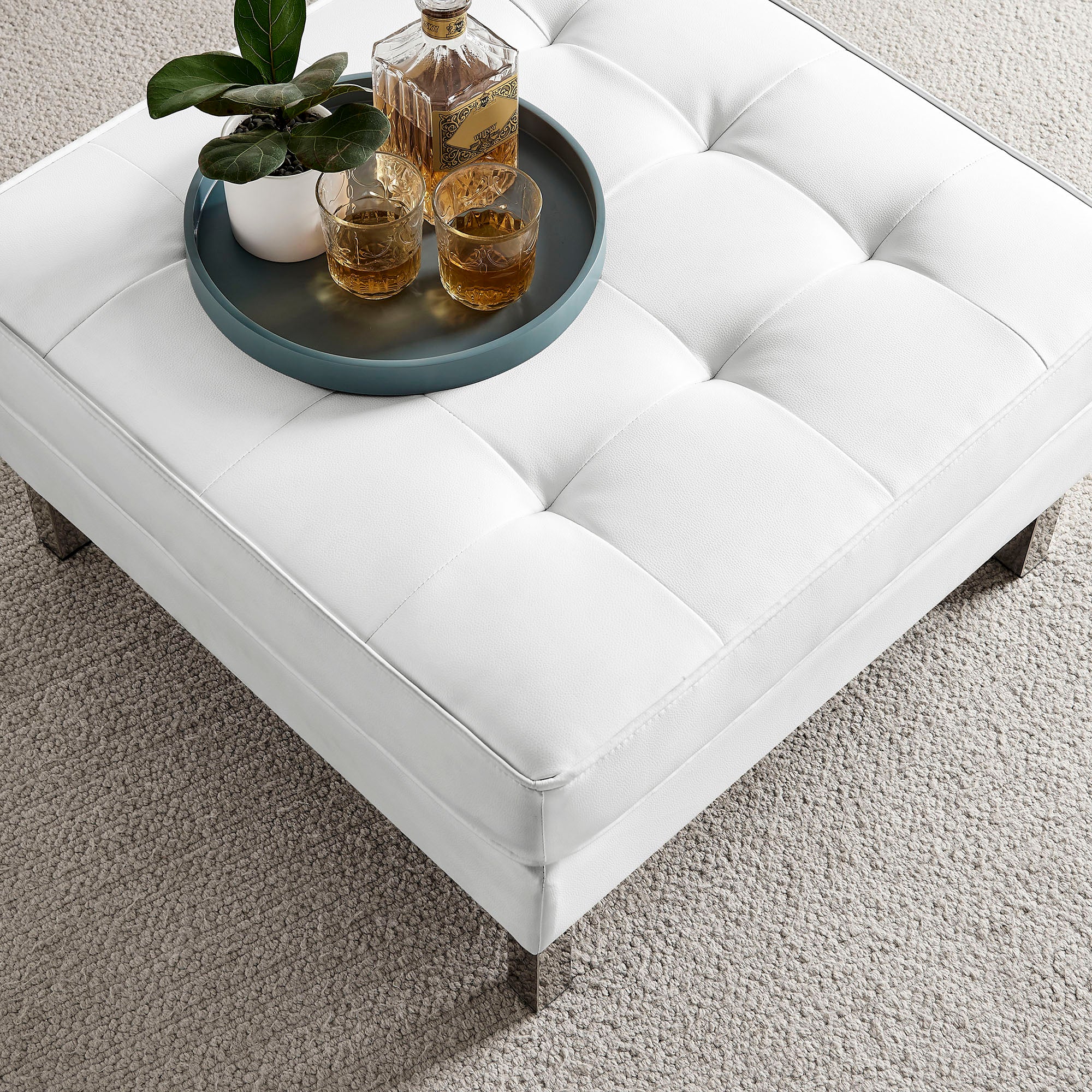 Loft Tufted Vegan Leather Ottoman, Silver White