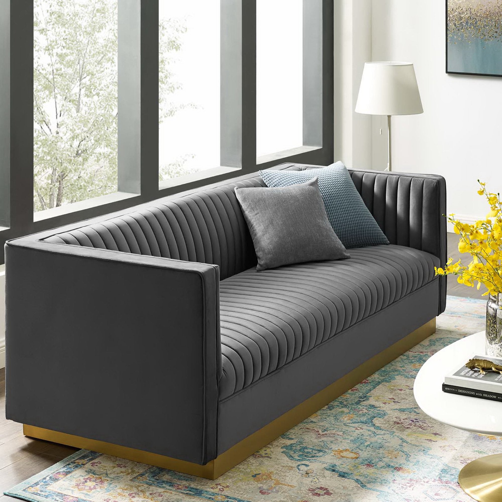 Sanguine Vertical Channel Tufted Performance Velvet Sofa, Gray