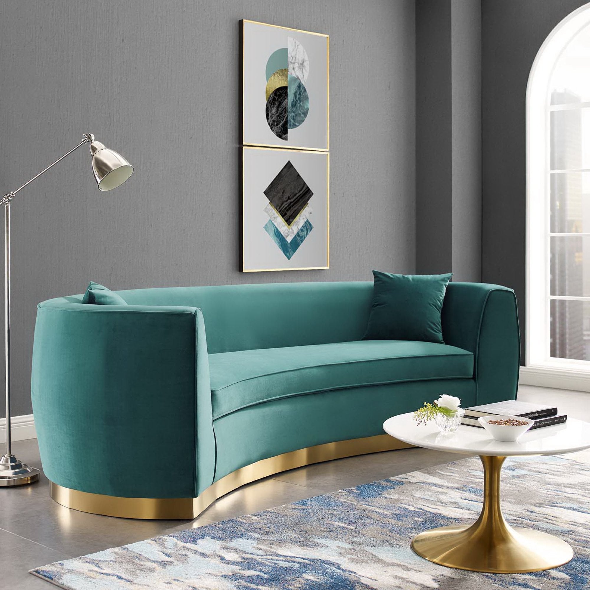 Resolute Curved Performance Velvet Sofa, Teal