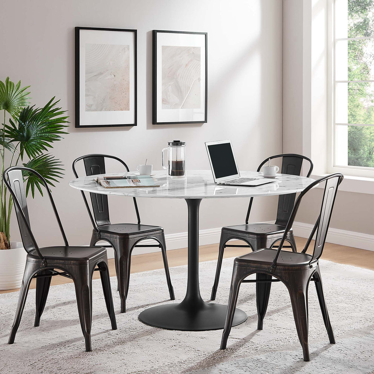Lippa 54" Round Faux Marble Dining Table, Black White