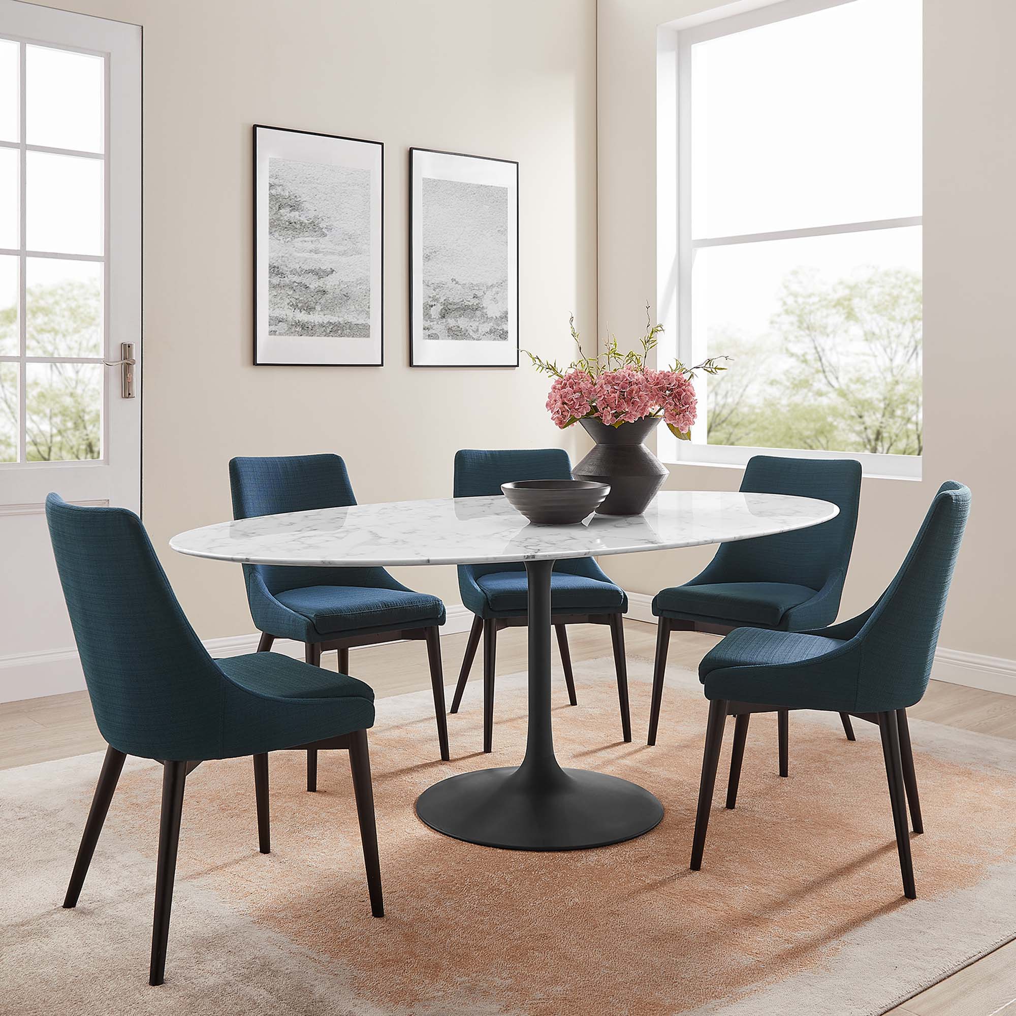 Lippa 78" Oval Faux Marble Dining Table, Black White