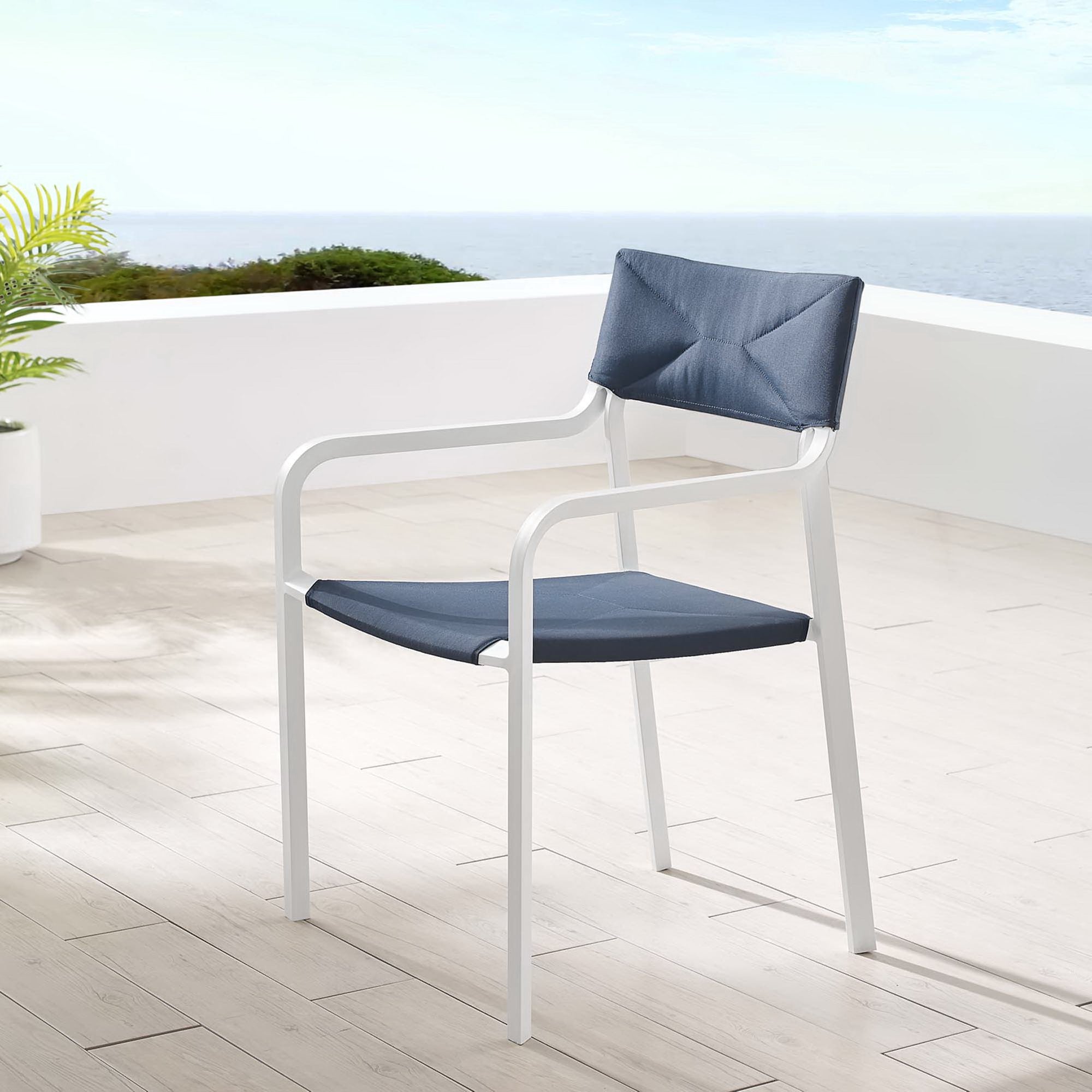 Raleigh Stackable Outdoor Patio Aluminum Dining Armchair, White Navy