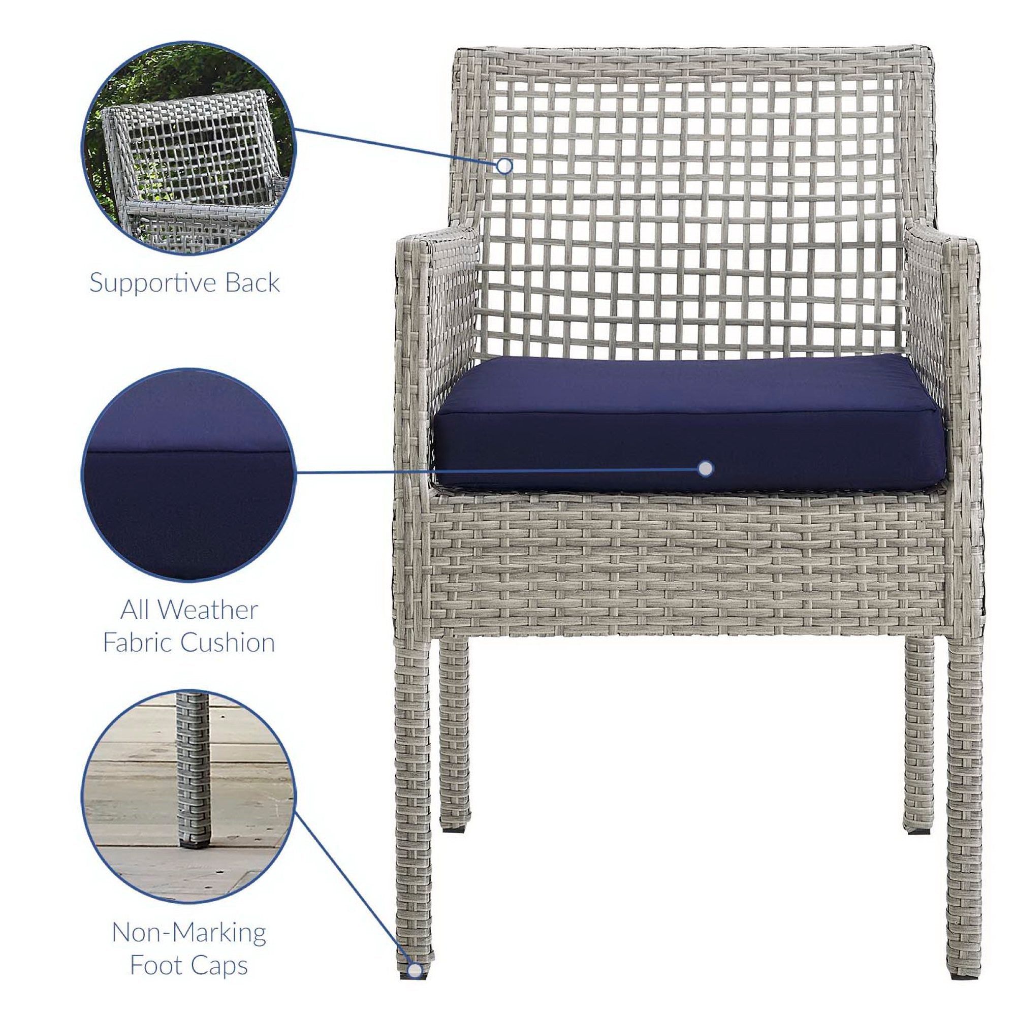 Aura Outdoor Patio Wicker Rattan Dining Armchair Set of 4, Gray Navy