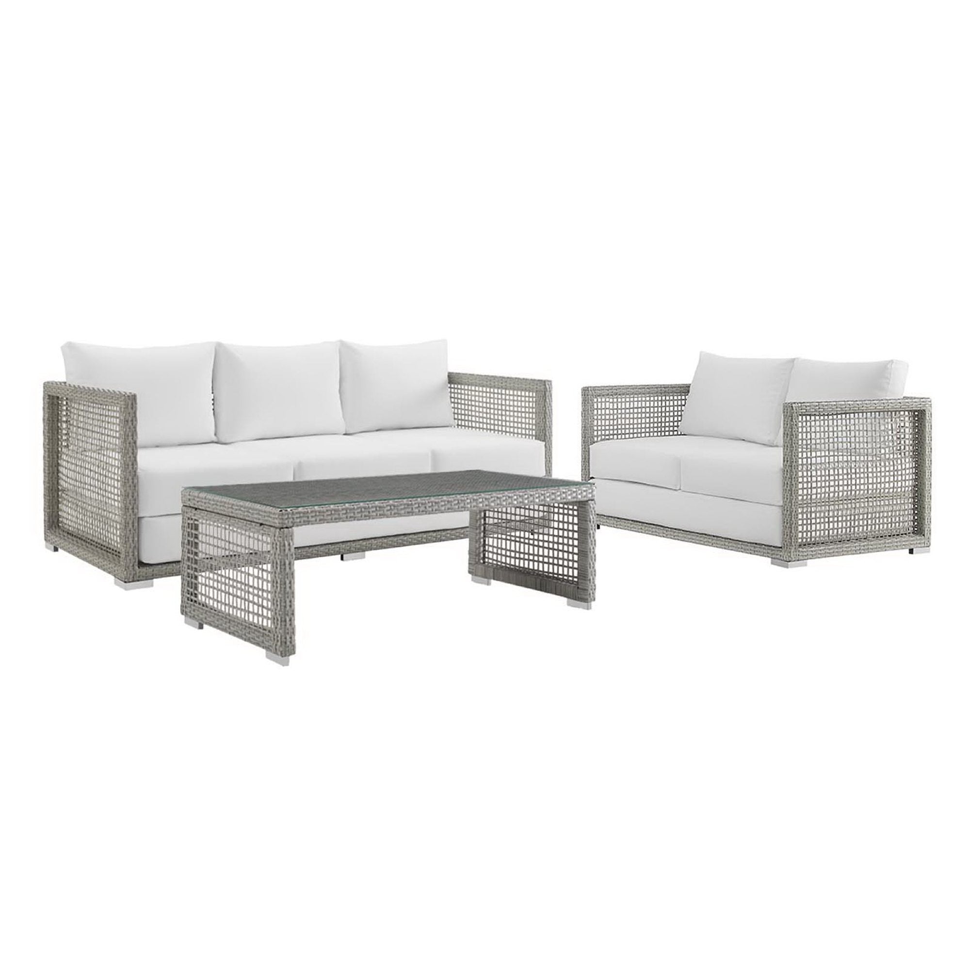 Aura 3 Piece Outdoor Patio Wicker Rattan Set, Gray White