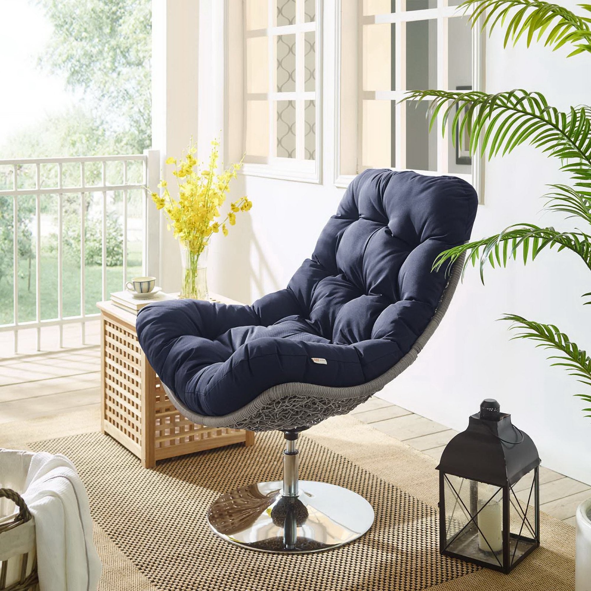 Brighton Wicker Rattan Outdoor Patio Swivel Lounge Chair, Light Gray Navy