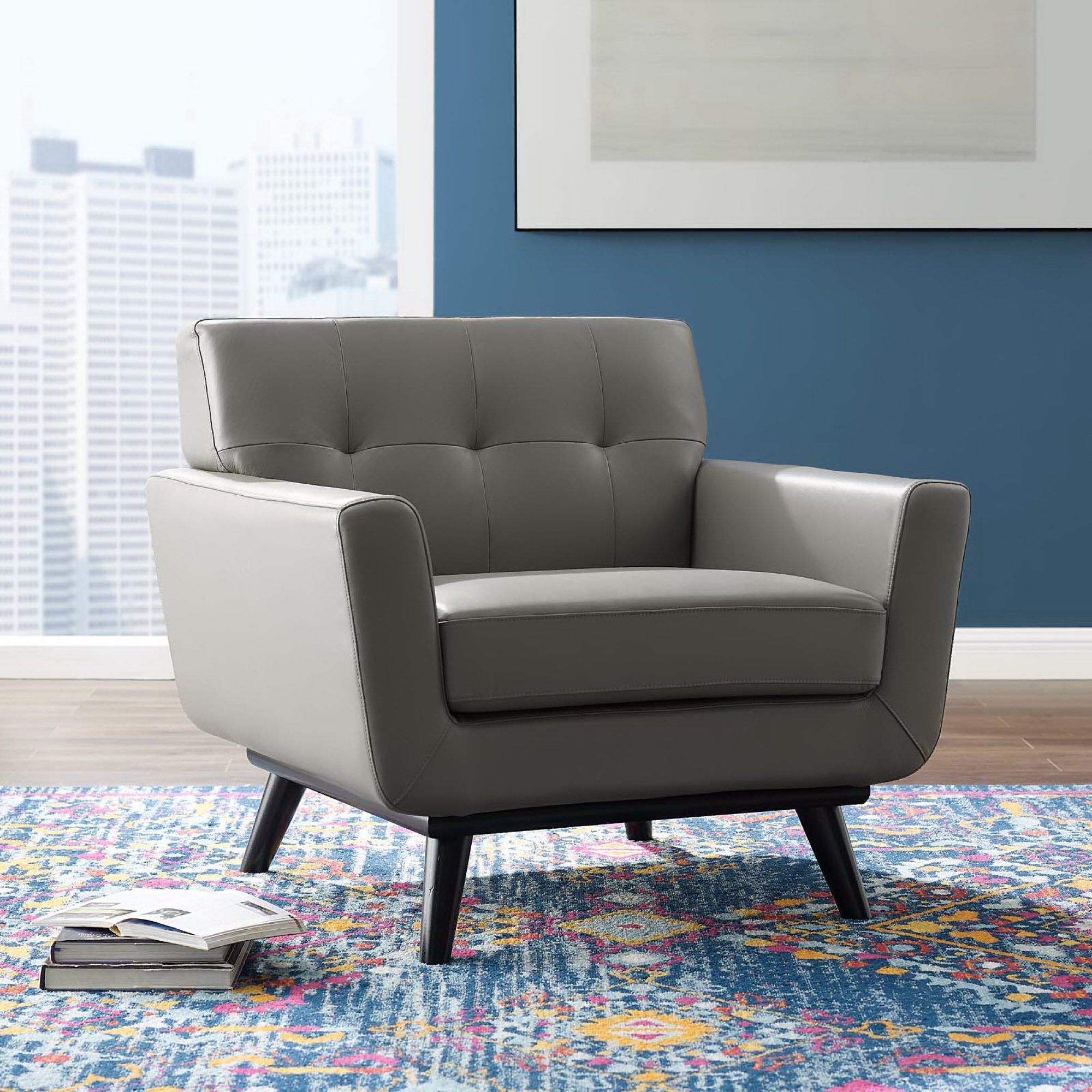 Engage Top-Grain Leather Living Room Lounge Accent Armchair, Gray