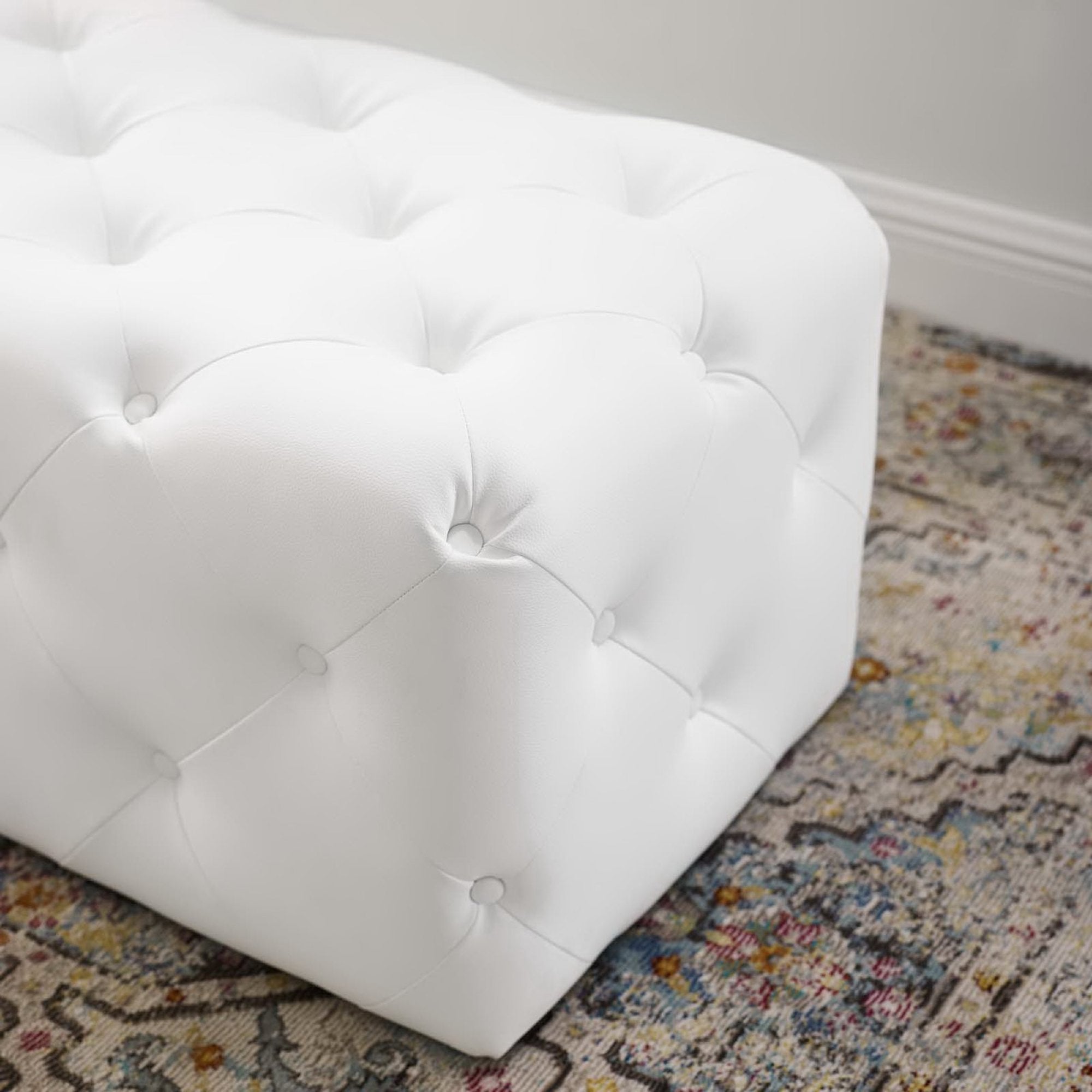 Amour 48" Tufted Button Entryway Faux Leather Bench, White