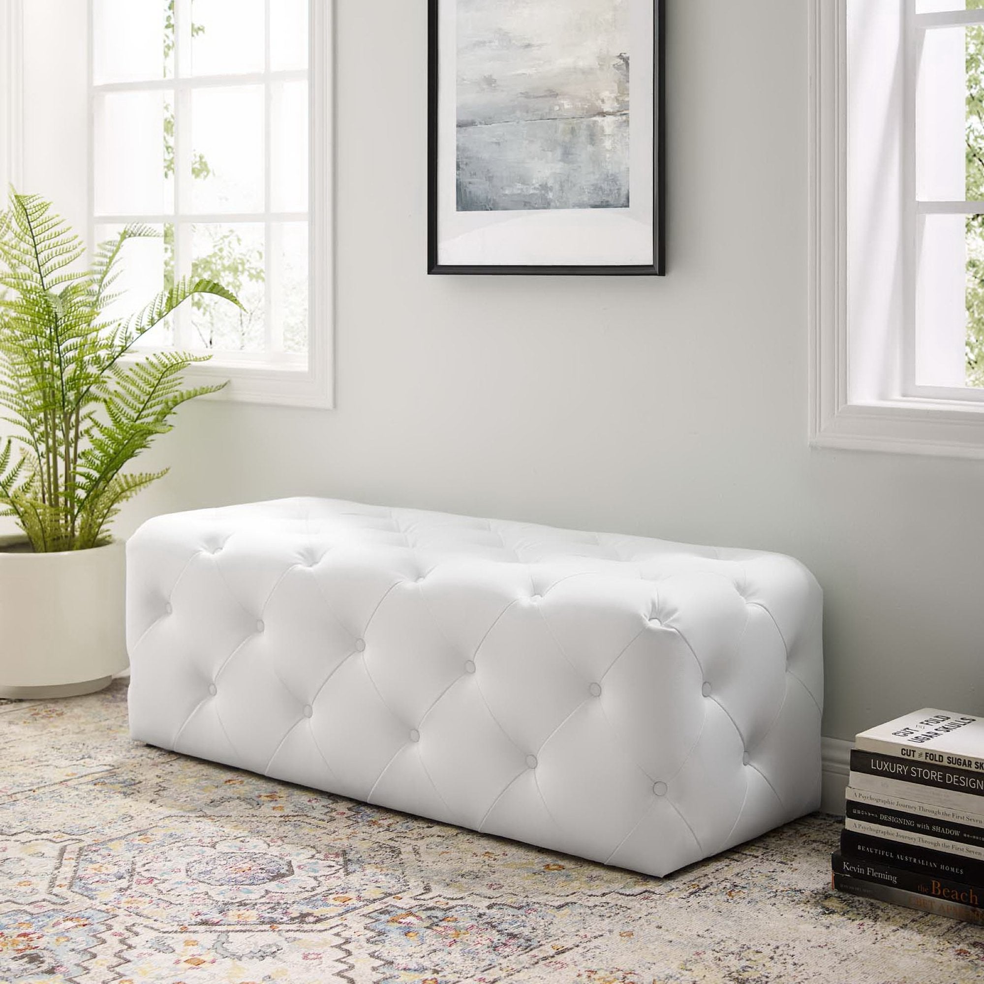 Amour 48" Tufted Button Entryway Faux Leather Bench, White