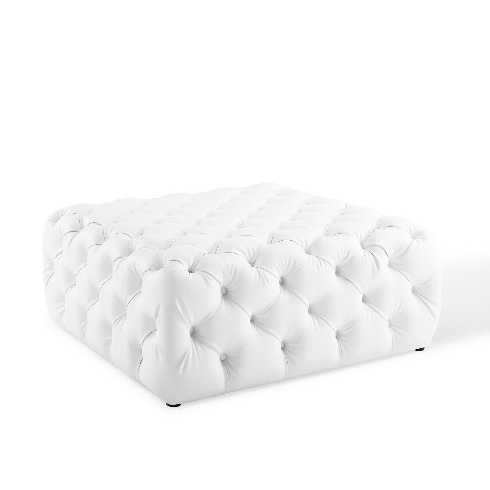 Amour Tufted Button Large Square Faux Leather Ottoman, White