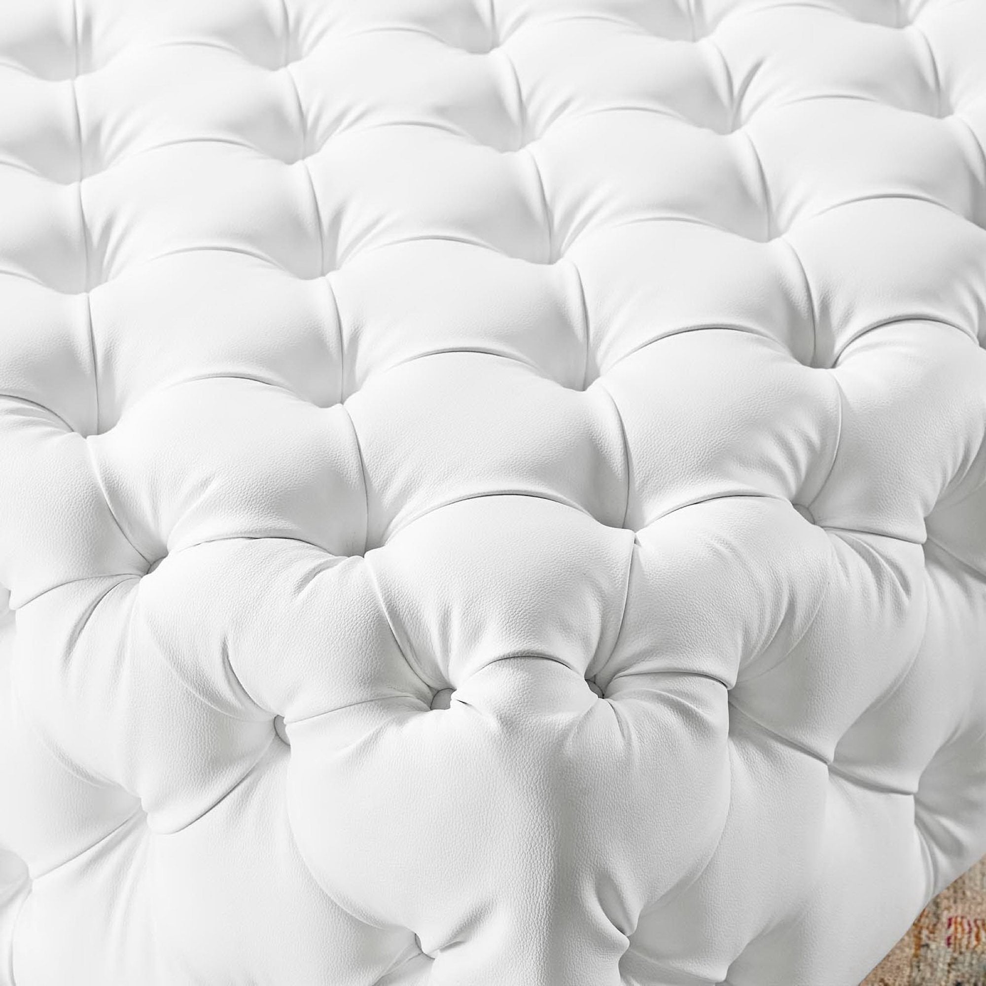 Amour Tufted Button Large Square Faux Leather Ottoman, White
