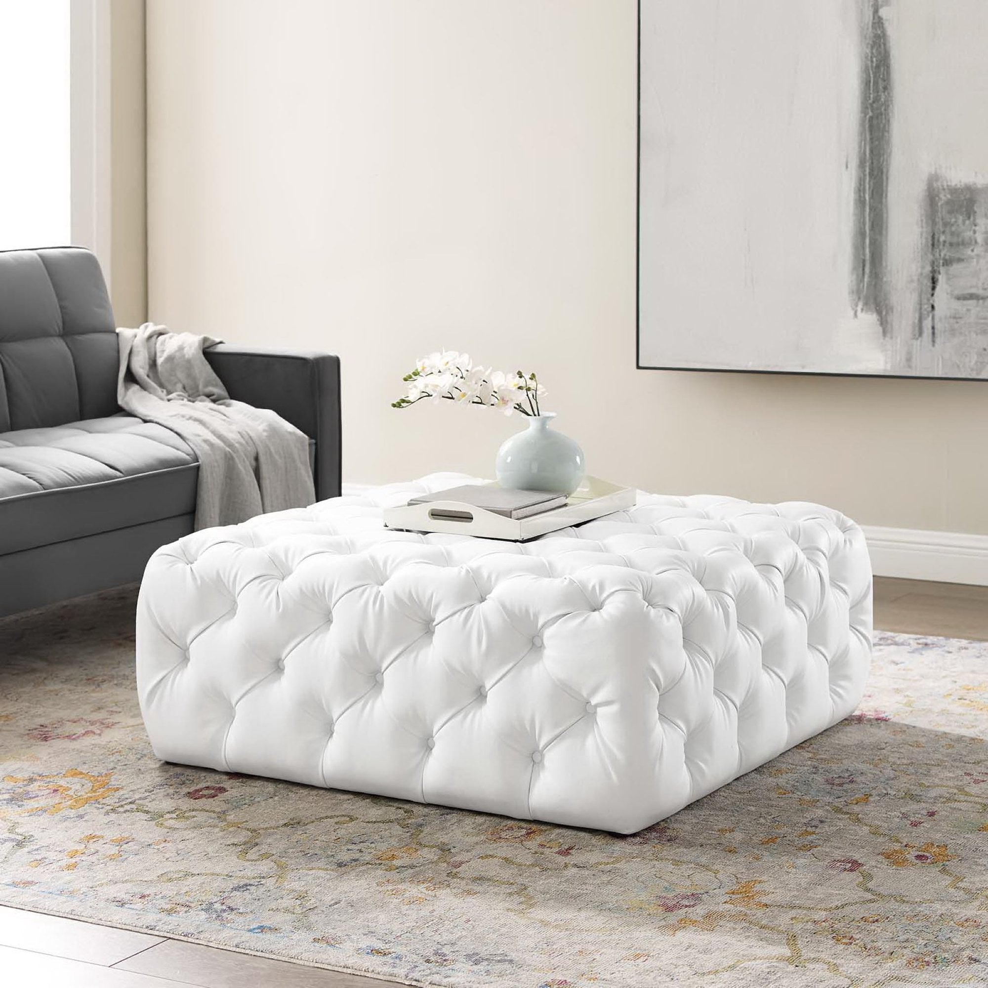 Amour Tufted Button Large Square Faux Leather Ottoman, White
