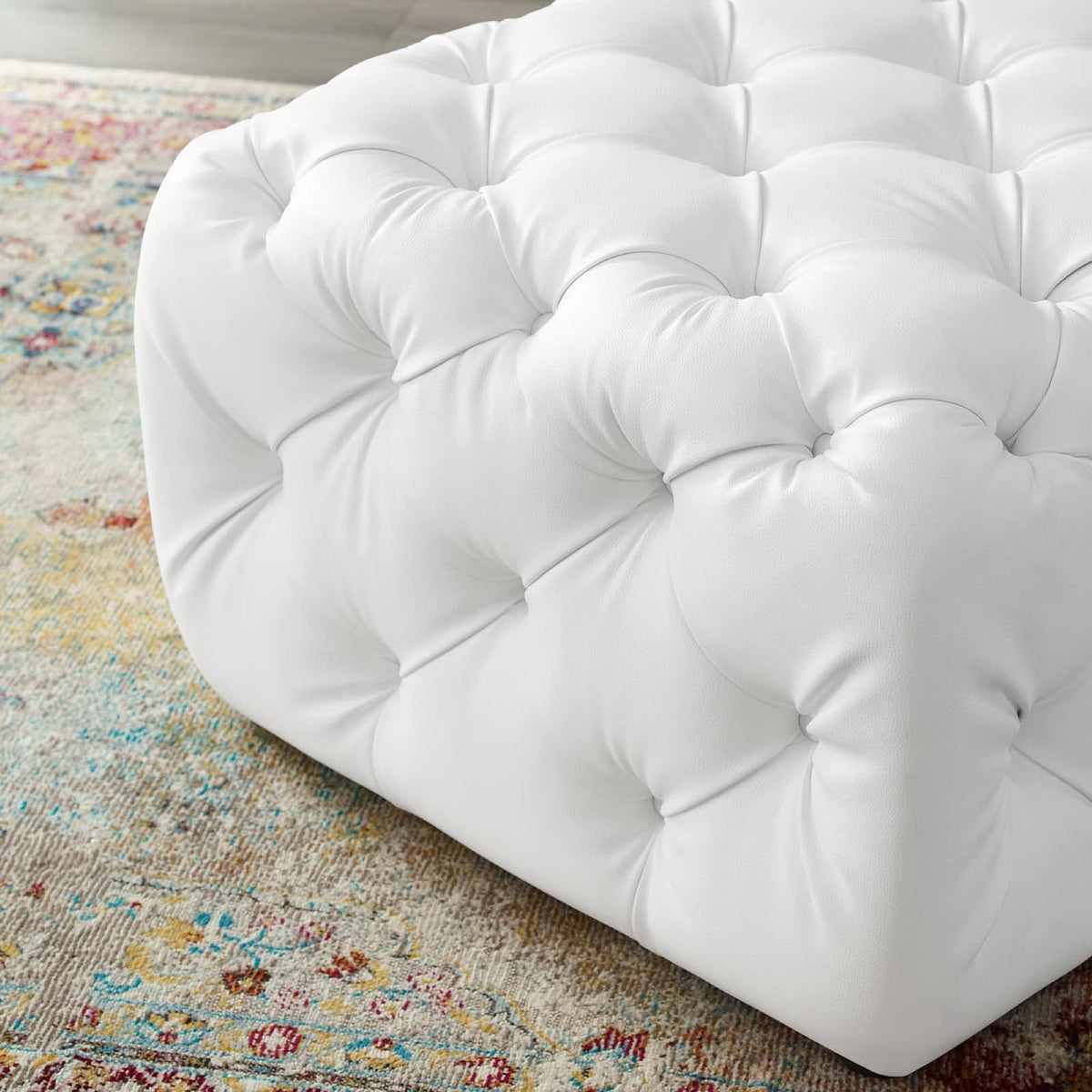 Amour Tufted Button Square Faux Leather Ottoman, White