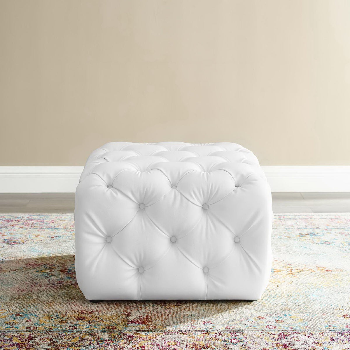 Amour Tufted Button Square Faux Leather Ottoman, White