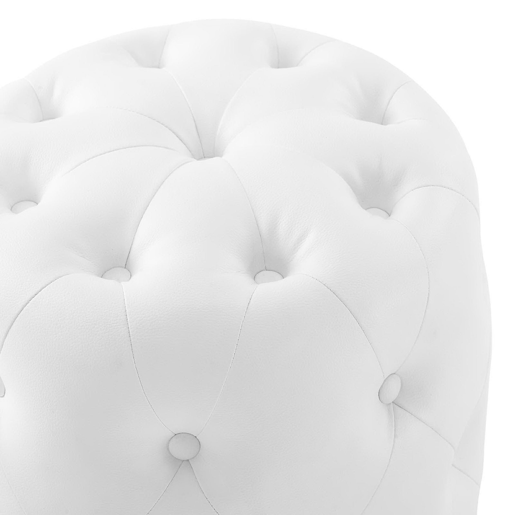 Amour Tufted Button Round Faux Leather Ottoman, White