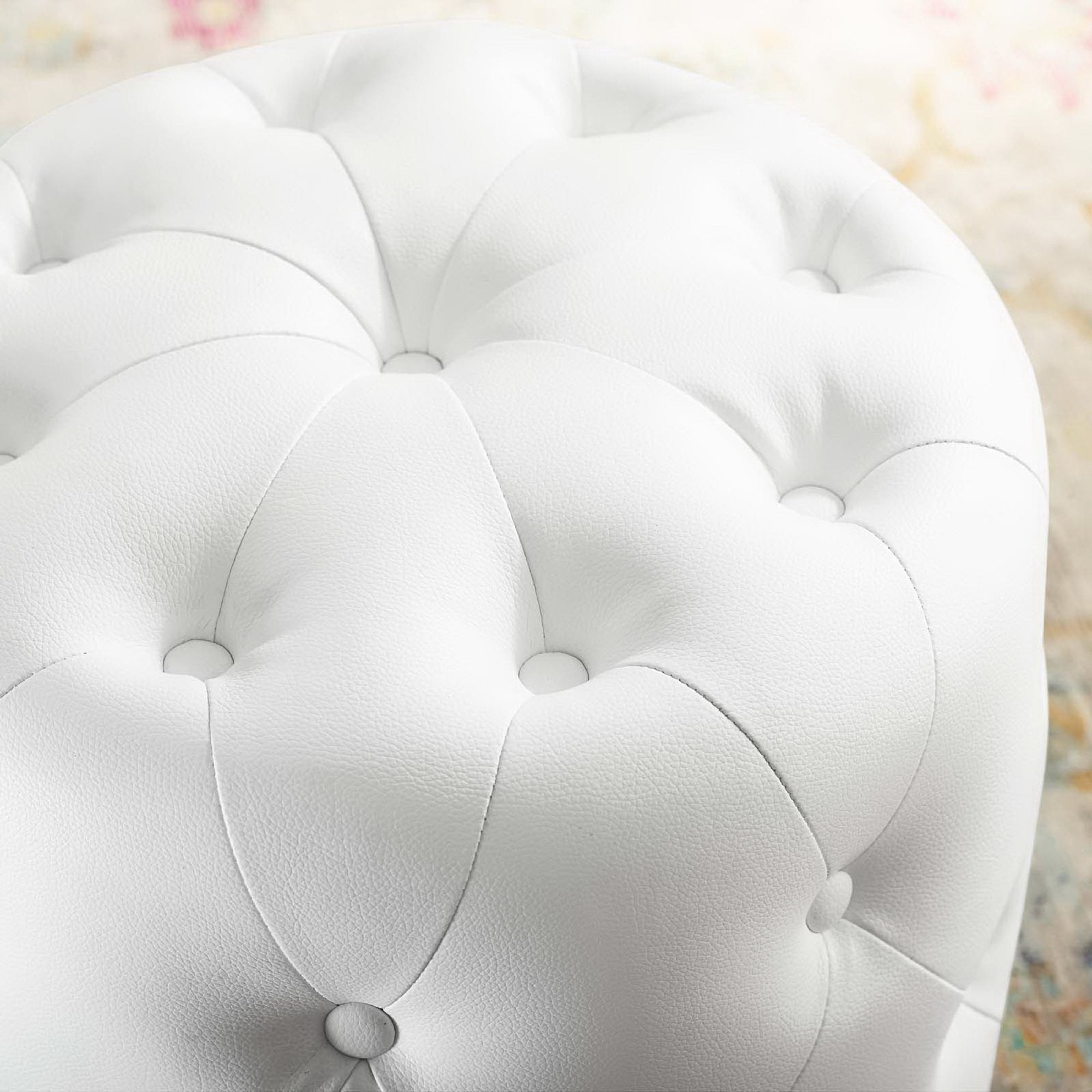 Amour Tufted Button Round Faux Leather Ottoman, White
