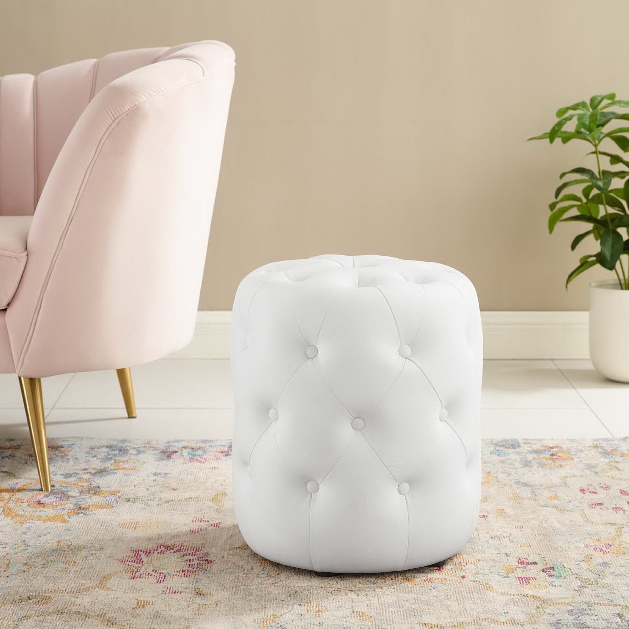 Amour Tufted Button Round Faux Leather Ottoman, White