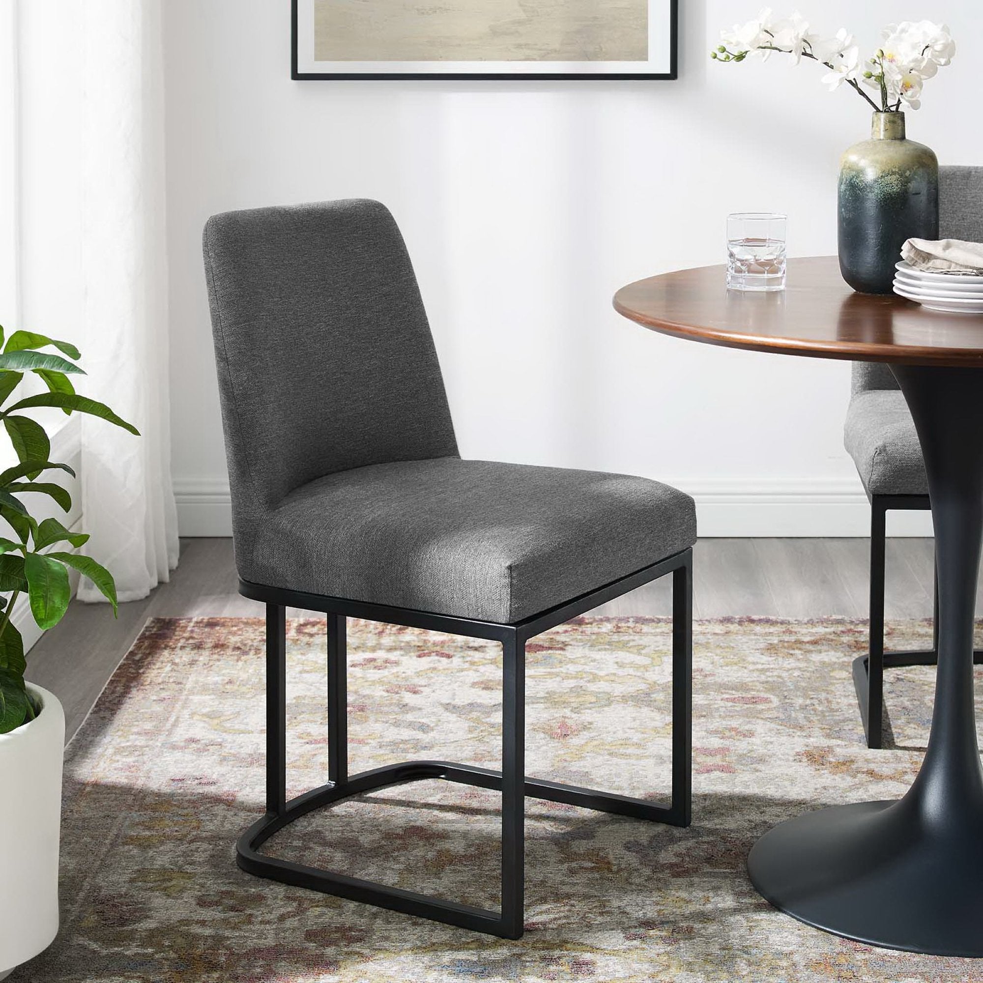 Amplify Sled Base Upholstered Fabric Dining Side Chair, Black Charcoal