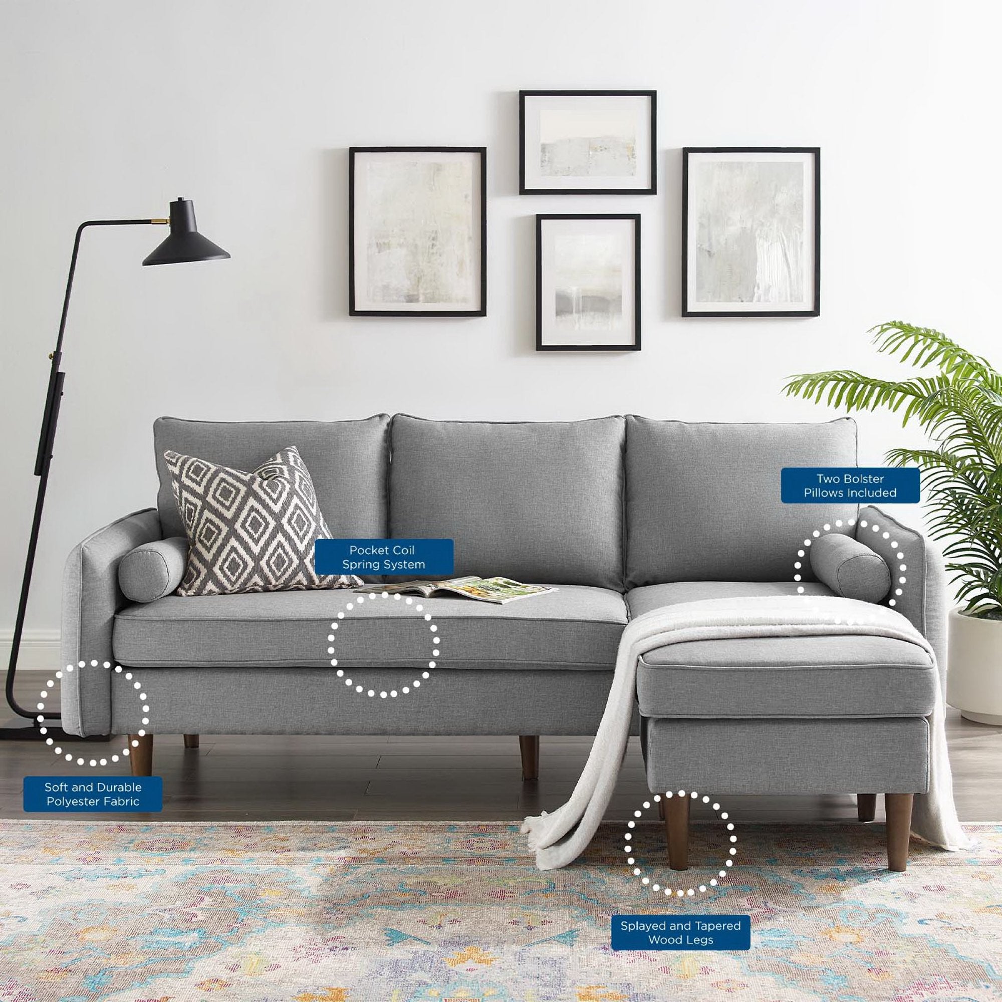 Revive Upholstered Right or Left Sectional Sofa, Light Gray