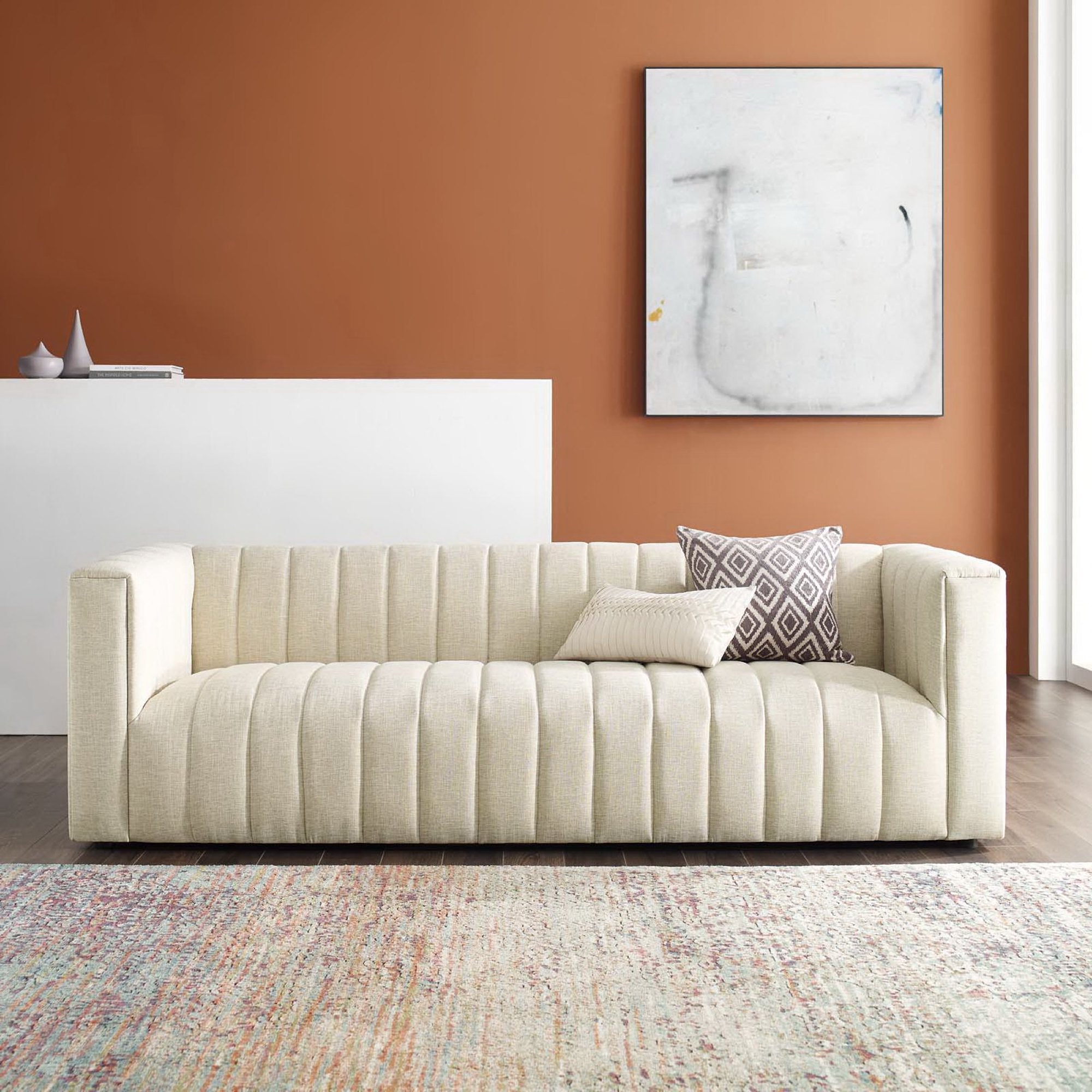 Reflection Channel Tufted Upholstered Fabric Sofa, Beige
