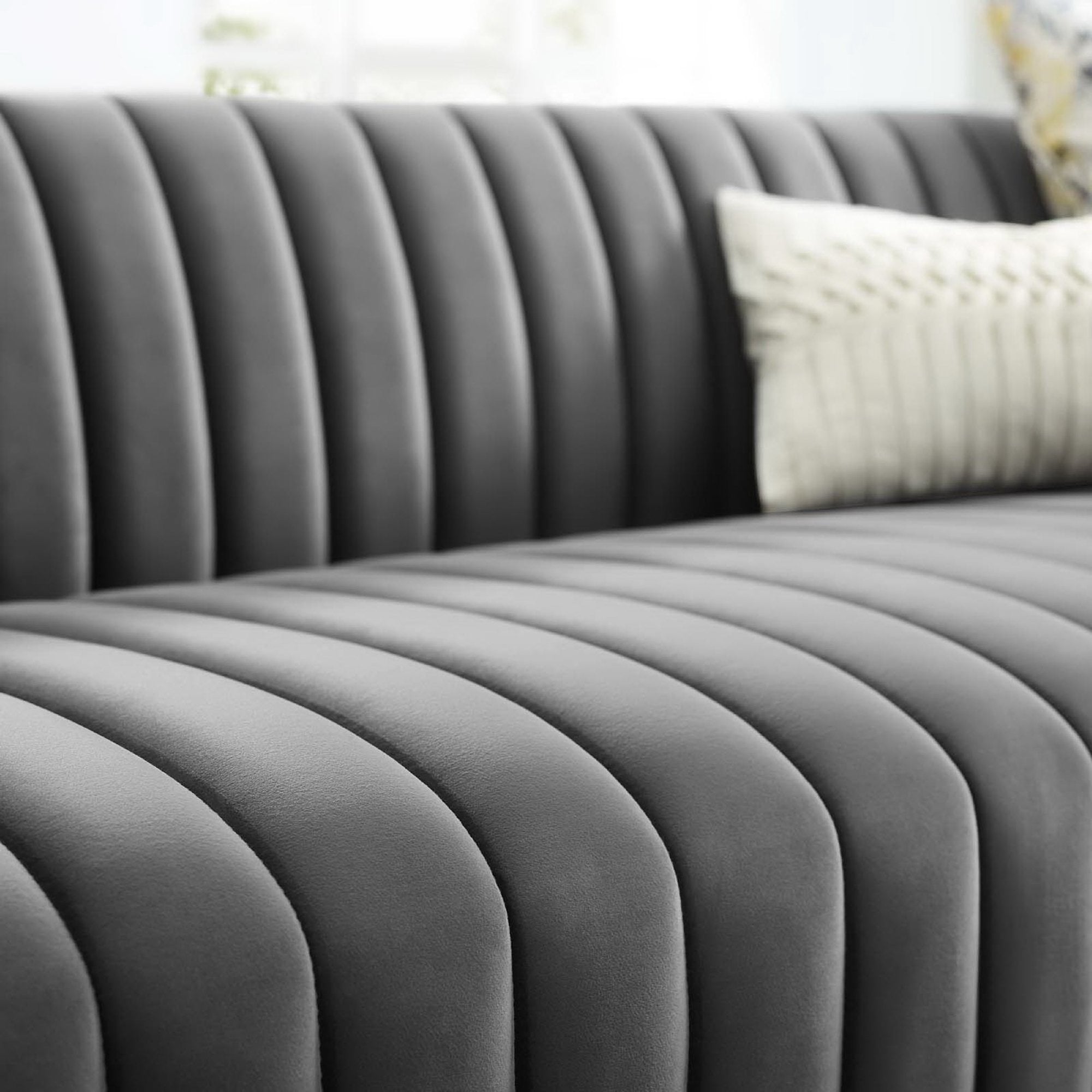 Conjure Channel Tufted Velvet Sofa, Gray