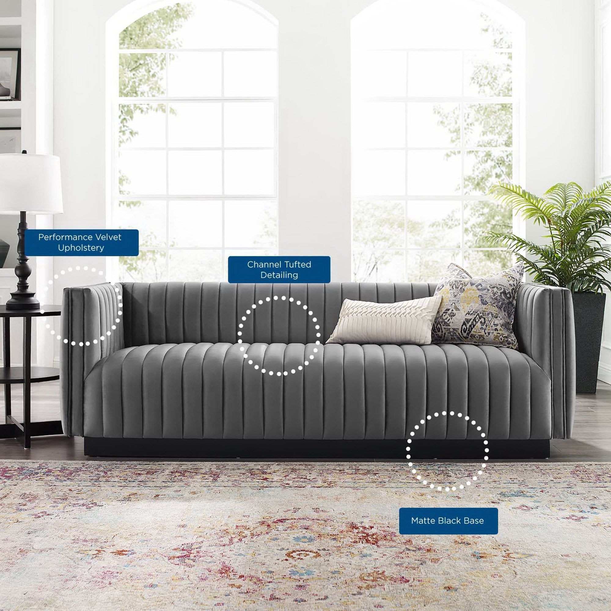 Conjure Channel Tufted Velvet Sofa, Gray