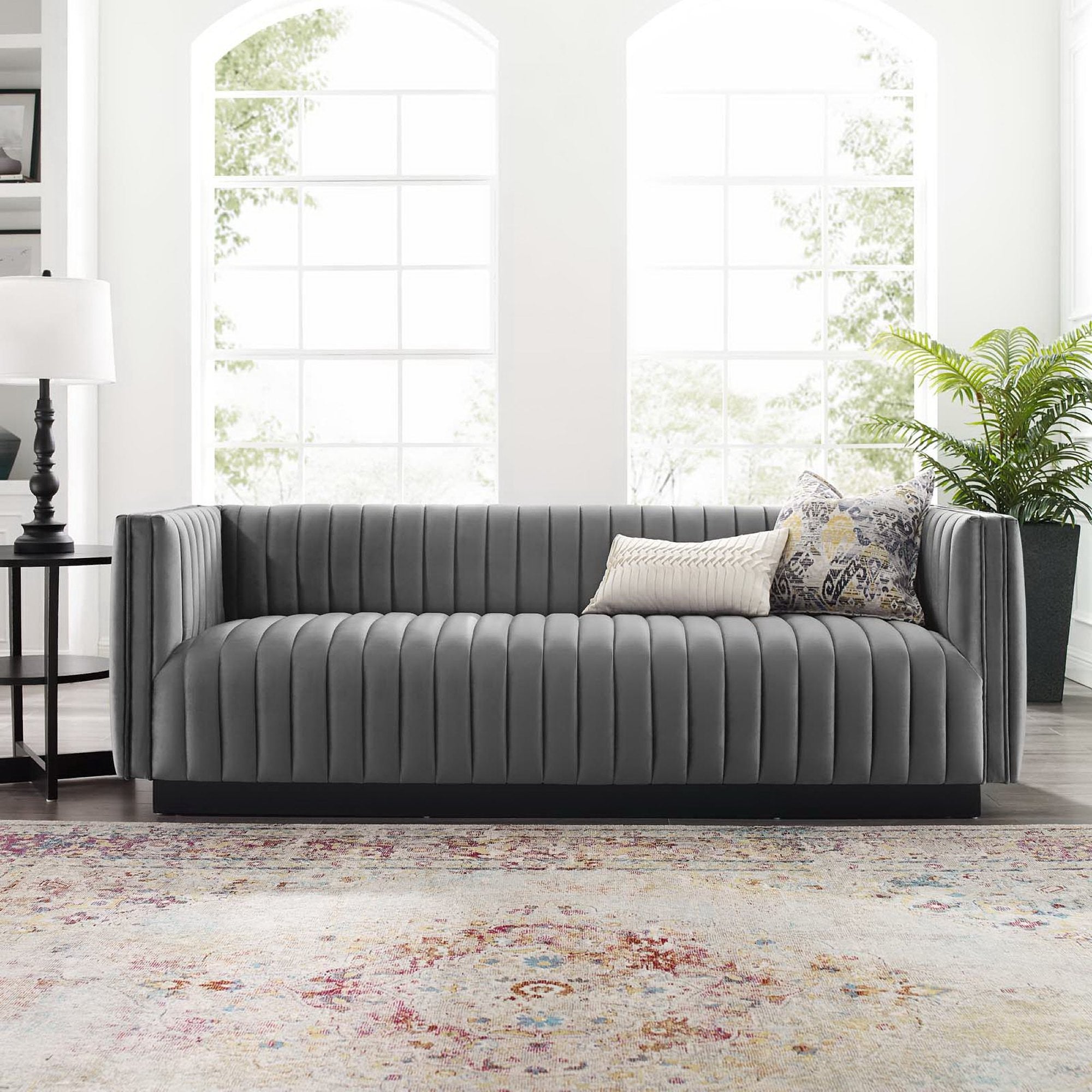 Conjure Channel Tufted Velvet Sofa, Gray