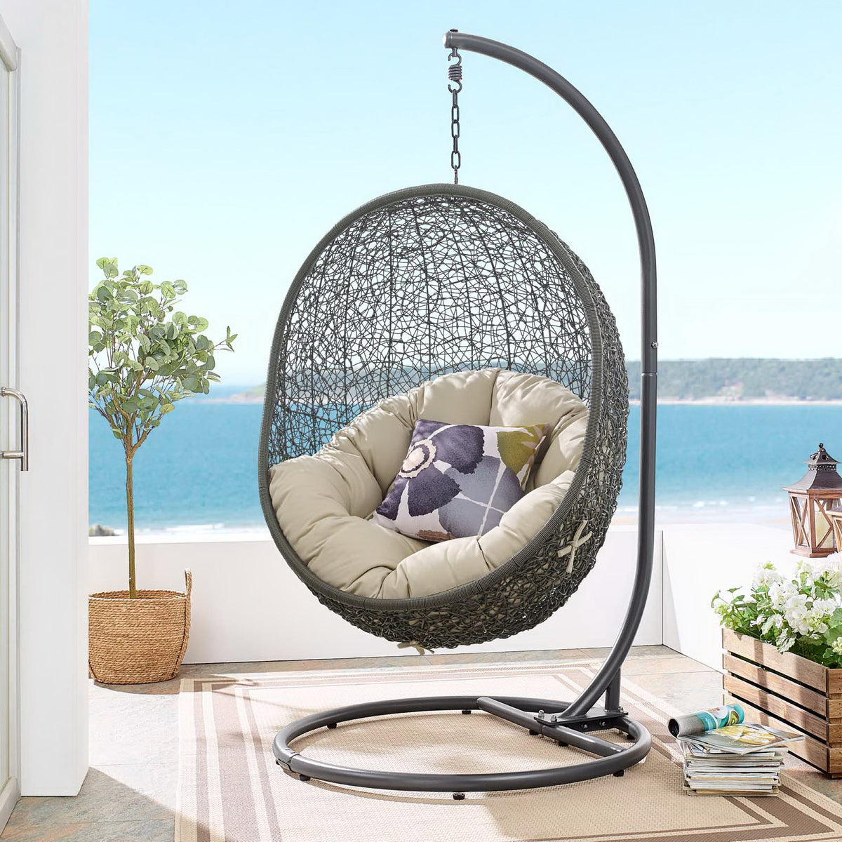 Hide Outdoor Patio Sunbrella® Swing Chair With Stand, Gray Beige