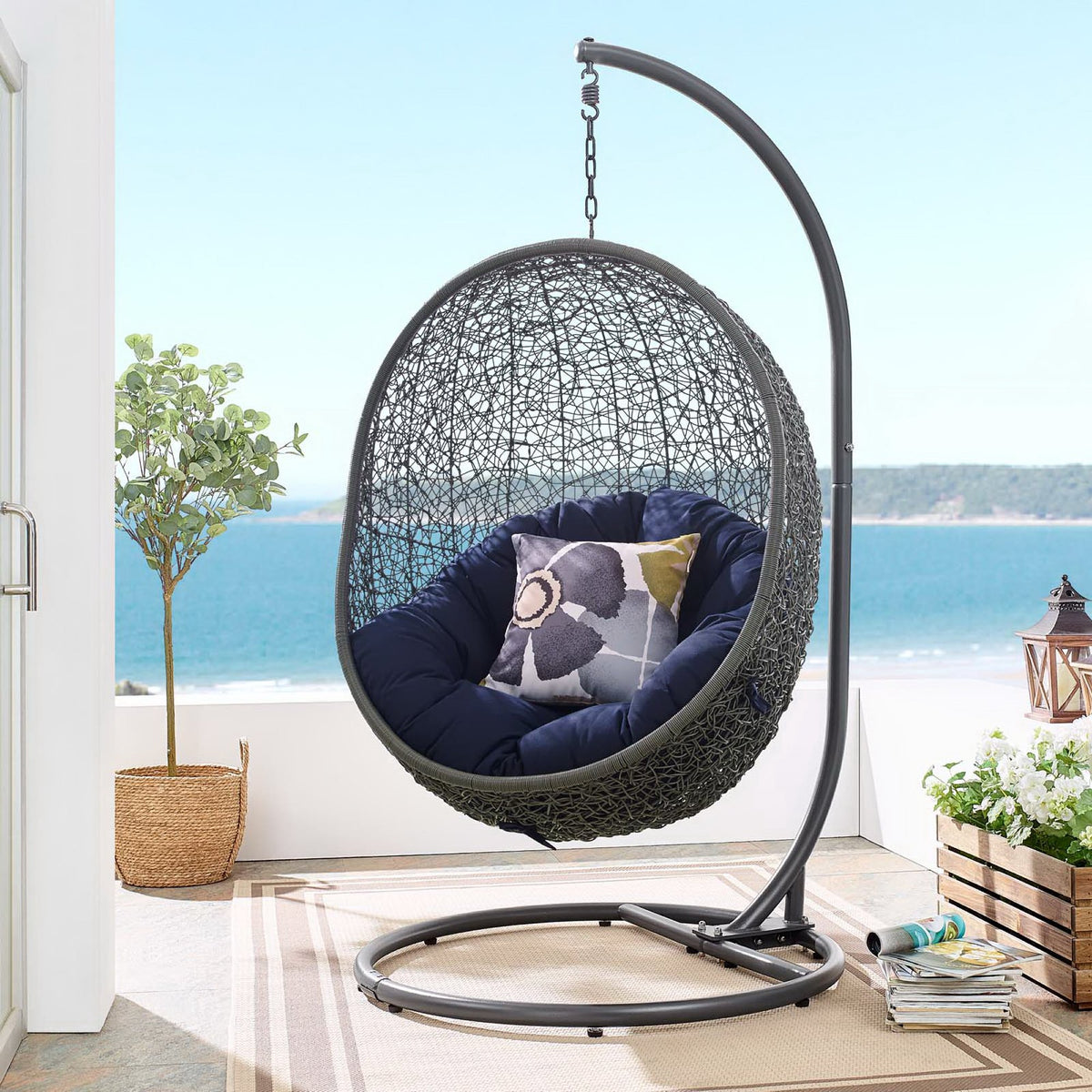 Hide Outdoor Patio Sunbrella® Swing Chair With Stand, Gray Navy