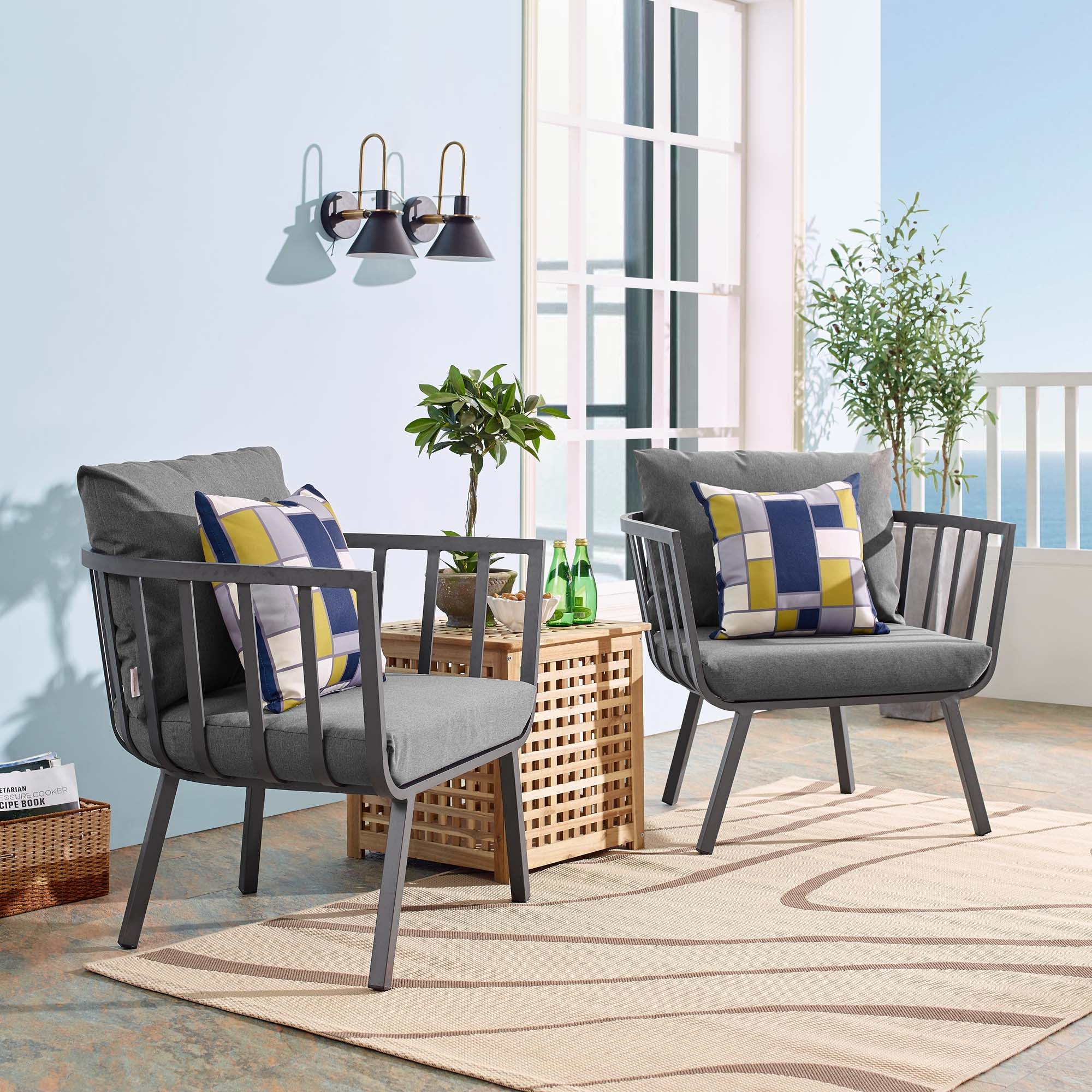 Riverside Outdoor Patio Aluminum Armchair Set of 2, Gray Charcoal