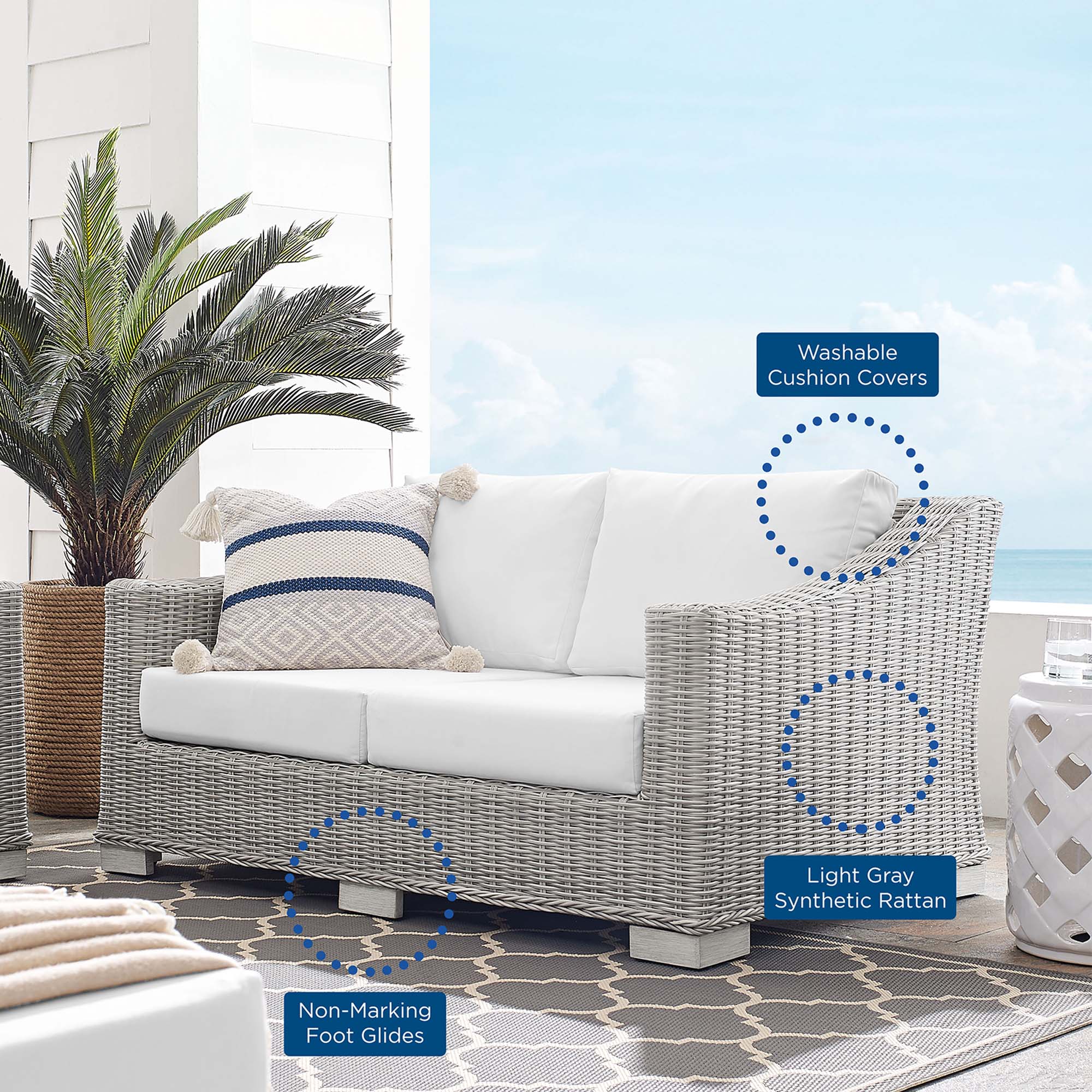 Conway Sunbrella® Outdoor Patio Wicker Rattan Loveseat, Light Gray White