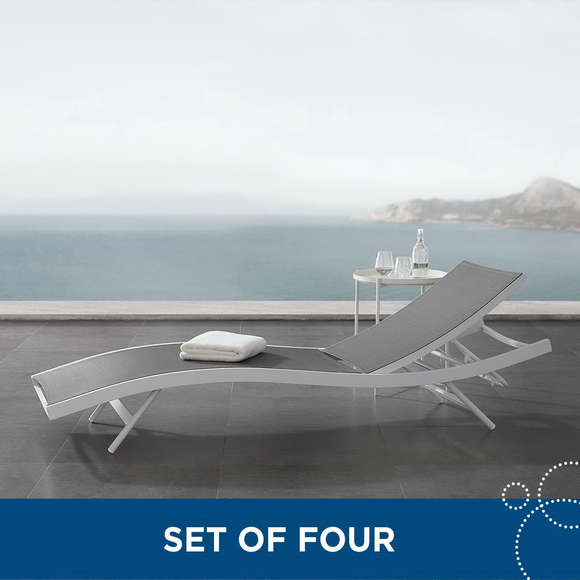 Glimpse Outdoor Patio Mesh Chaise Lounge Set of 4, White Gray