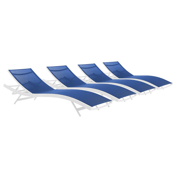 Glimpse Outdoor Patio Mesh Chaise Lounge Set of 4, White Navy