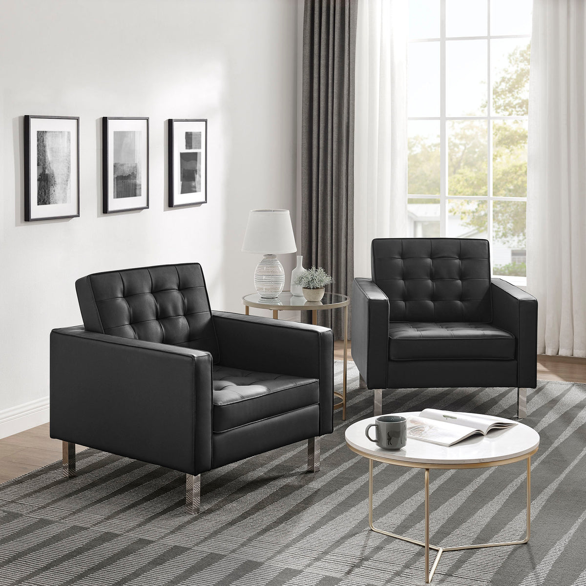 Loft Tufted Vegan Leather Armchairs Set of 2, Silver Black