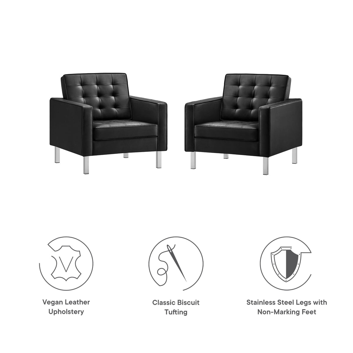 Loft Tufted Vegan Leather Armchairs Set of 2, Silver Black