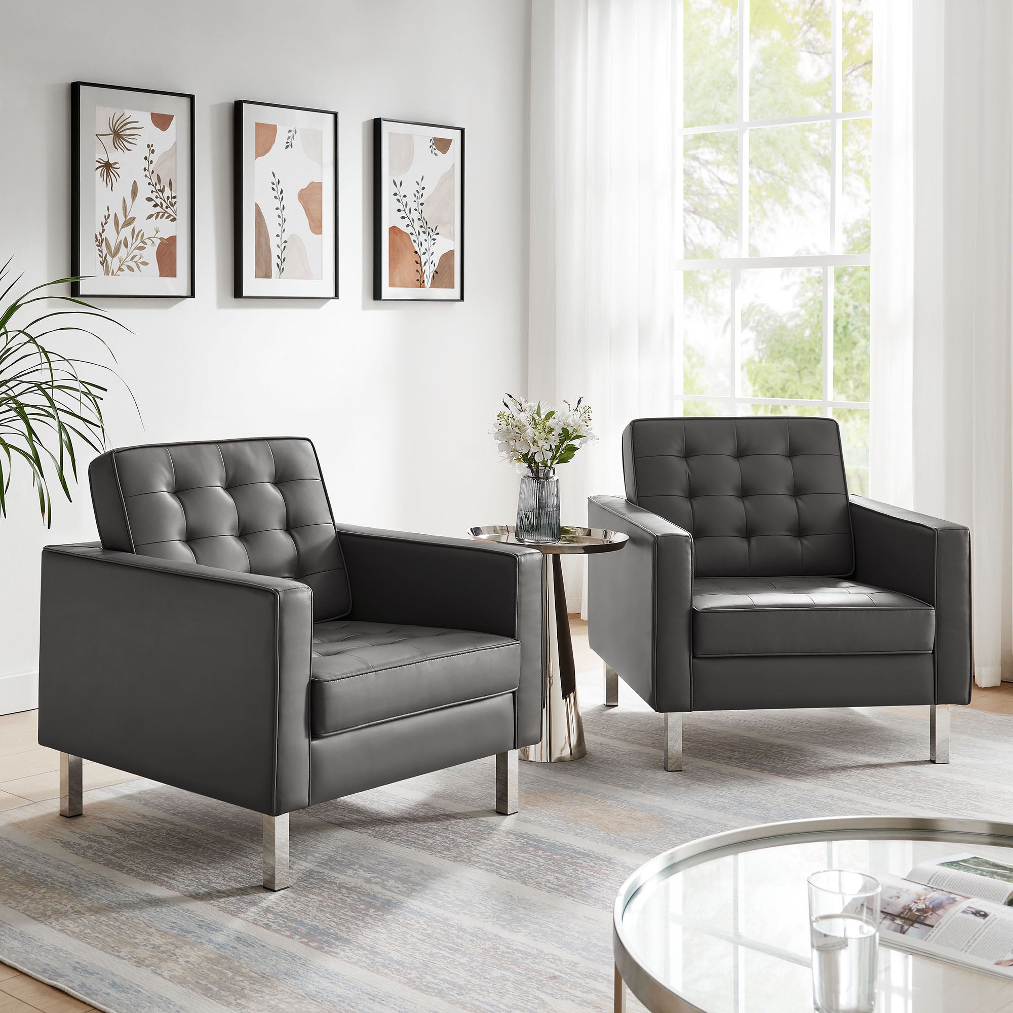 Loft Tufted Vegan Leather Armchairs Set of 2, Silver Gray
