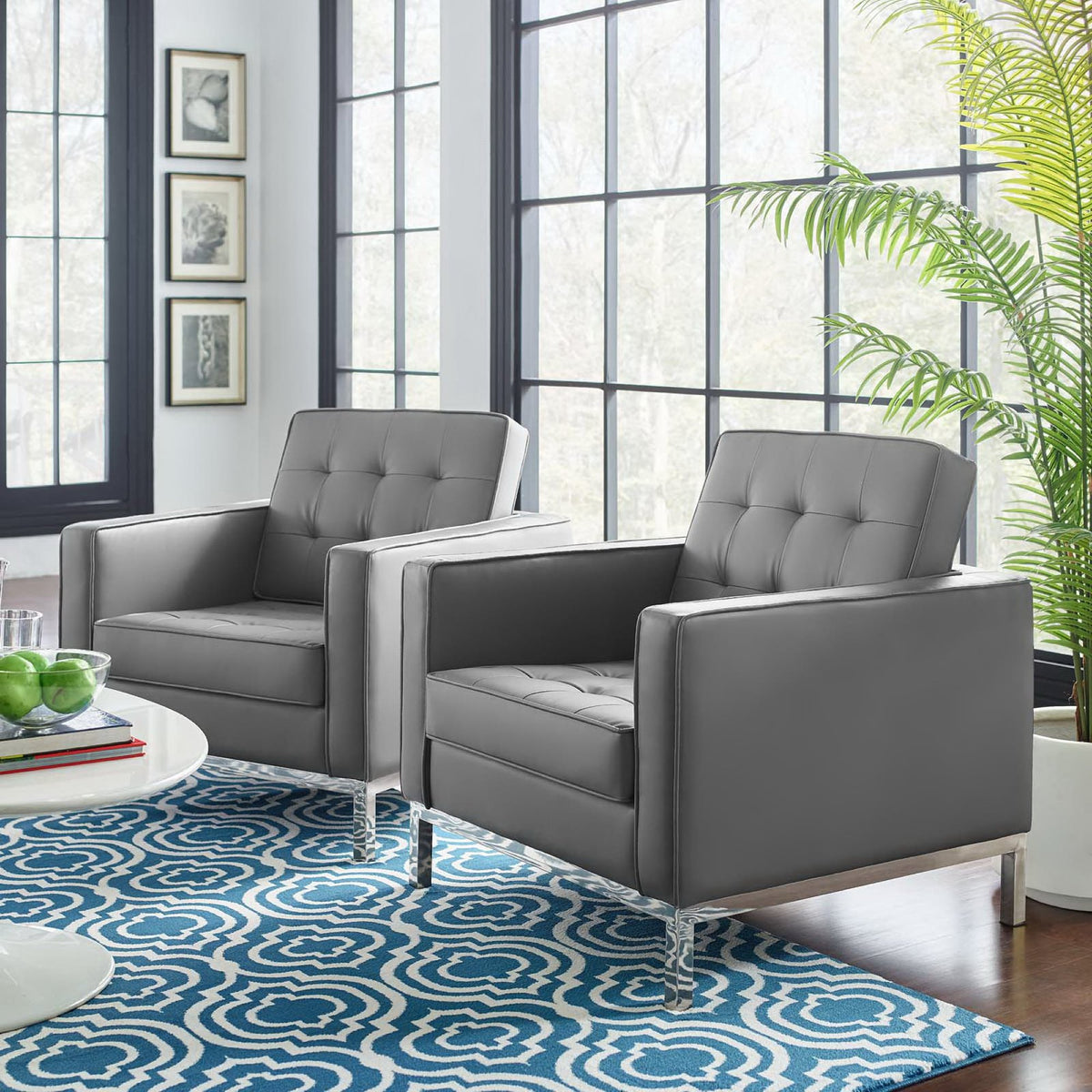 Loft Tufted Vegan Leather Armchairs Set of 2, Silver Gray