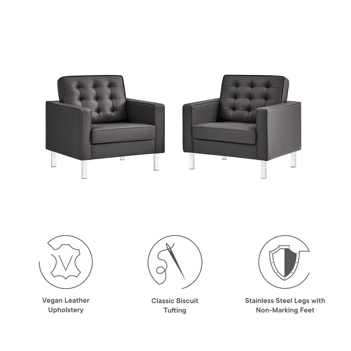 Loft Tufted Vegan Leather Armchairs Set of 2, Silver Gray