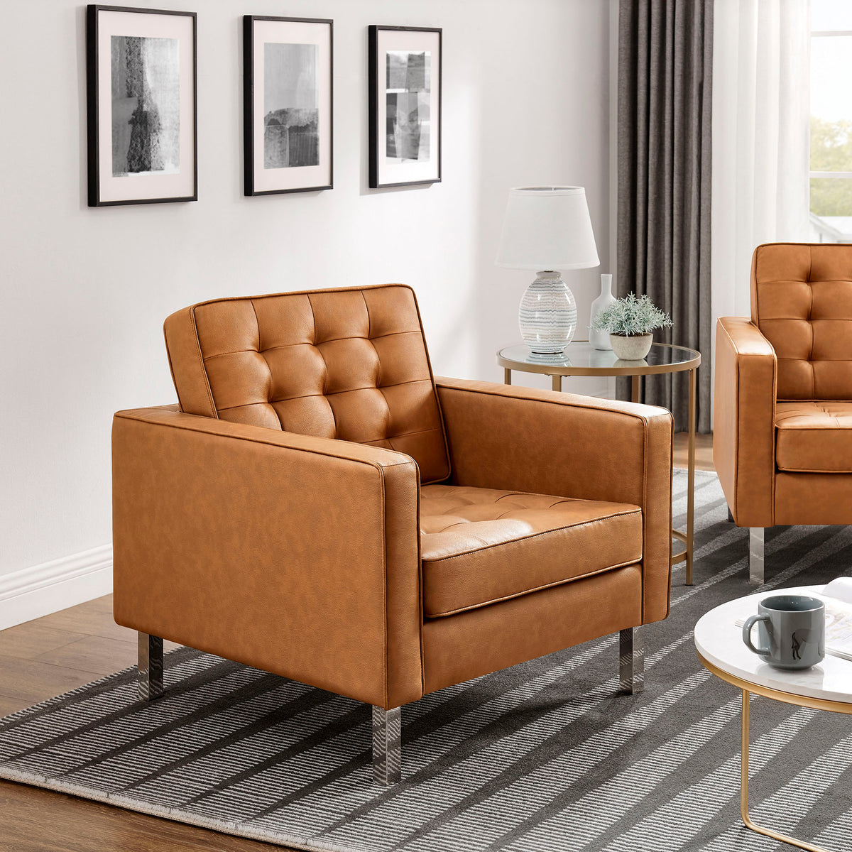 Loft Tufted Vegan Leather Armchairs Set of 2, Silver Tan