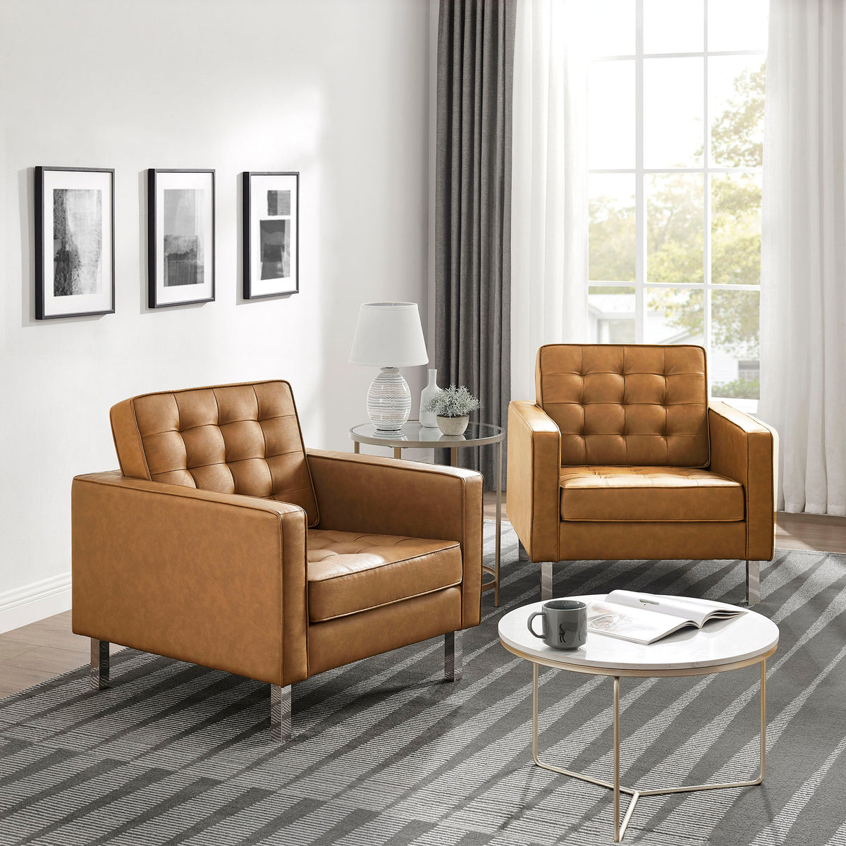 Loft Tufted Vegan Leather Armchairs Set of 2, Silver Tan