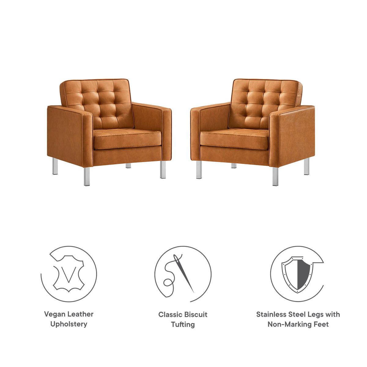 Loft Tufted Vegan Leather Armchairs Set of 2, Silver Tan