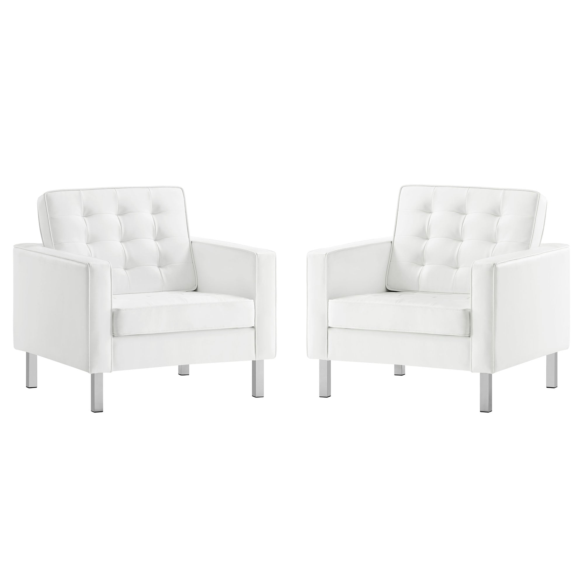 Loft Tufted Vegan Leather Armchairs Set of 2, Silver White