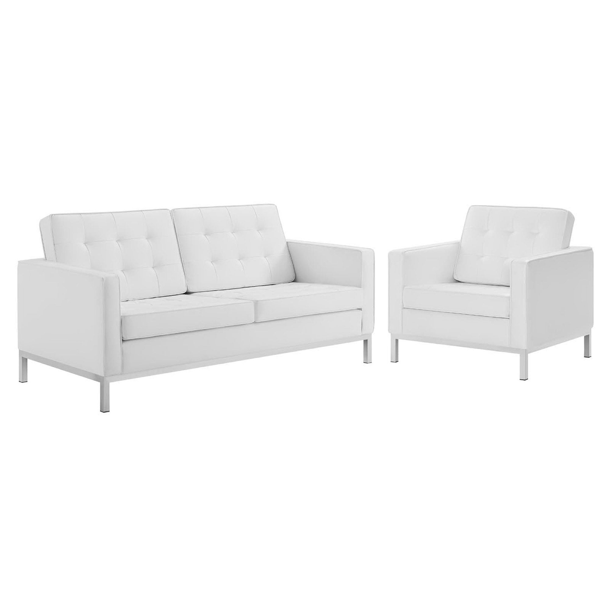 Loft Tufted Upholstered Faux Leather Loveseat and Armchair Set, Silver White